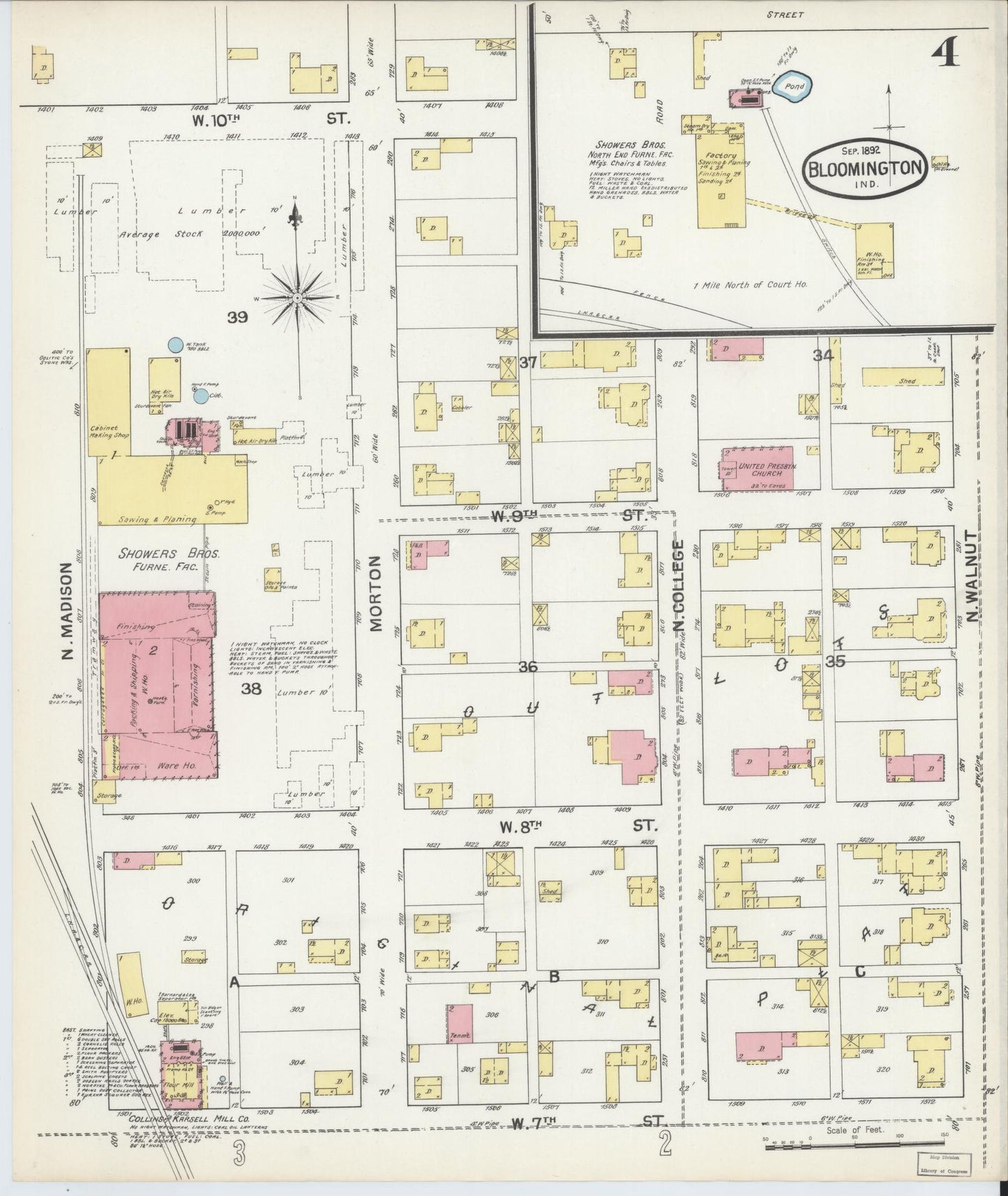 Sanborn Fire Insurance Map from Bloomington, Monroe County, Indiana (1892), Sheet #0004 - Historic Sanborn Fire Insurance Map Print, vintage old map wall art, antique decor, genealogy gift, Indiana Indiana map