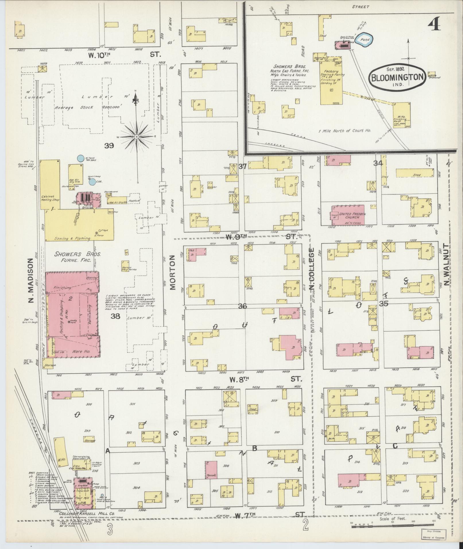 Sanborn Fire Insurance Map from Bloomington, Monroe County, Indiana (1892), Sheet #0004 - Historic Sanborn Fire Insurance Map Print, vintage old map wall art, antique decor, genealogy gift, Indiana Indiana map