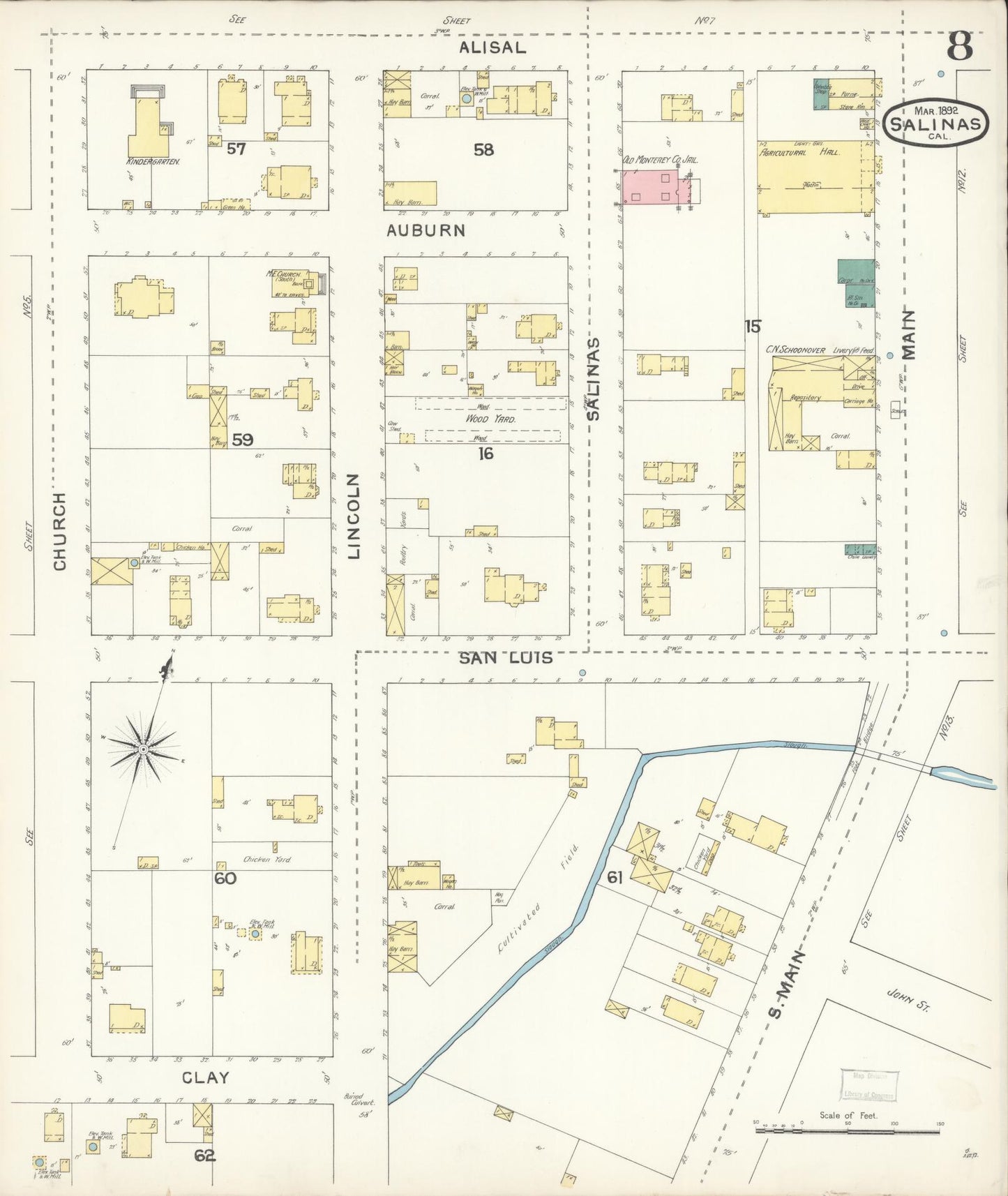 Sanborn Fire Insurance Map from Salinas, Monterey County, California (1892), Sheet #0008 - Complete Map Set gallery image, historic Sanborn map, vintage wall art, California California