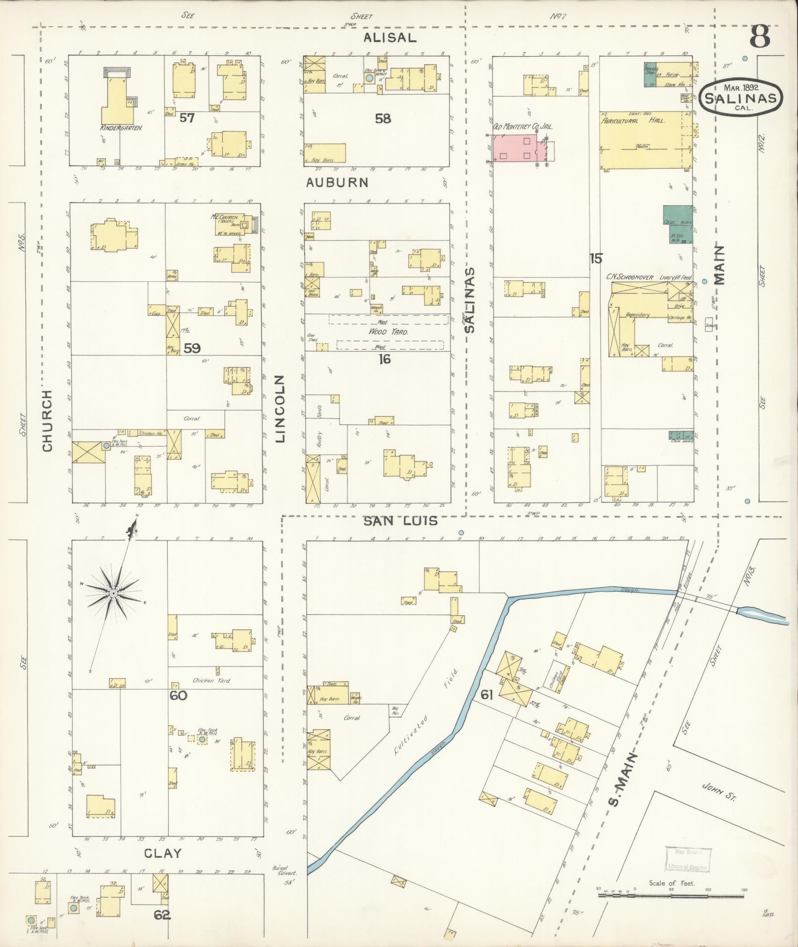 Sanborn Fire Insurance Map from Salinas, Monterey County, California (1892), Sheet #0008 - Complete Map Set gallery image, historic Sanborn map, vintage wall art, California California