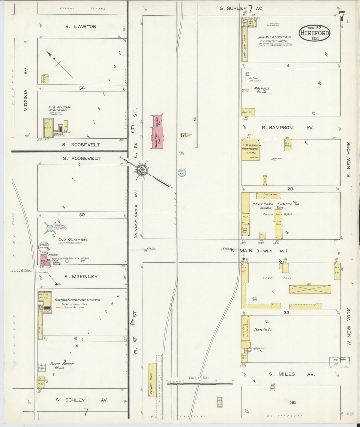 Sanborn Fire Insurance Map from Hereford, Deaf Smith County, Texas (1913), Sheet #0007 - Historic Sanborn Fire Insurance Map Print, vintage old map wall art, antique decor, genealogy gift, Texas Texas map