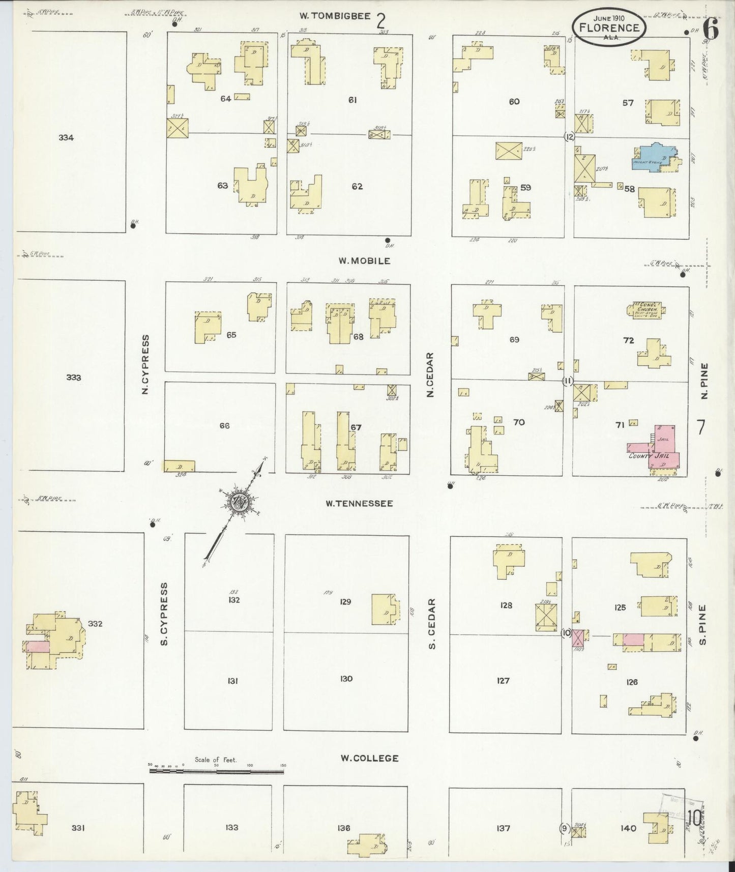 Sanborn Fire Insurance Map from Florence, Lauderdale County, Alabama (1910), Sheet #0006 - Historic Sanborn Fire Insurance Map Print, vintage old map wall art, antique decor, genealogy gift, Alabama Alabama map