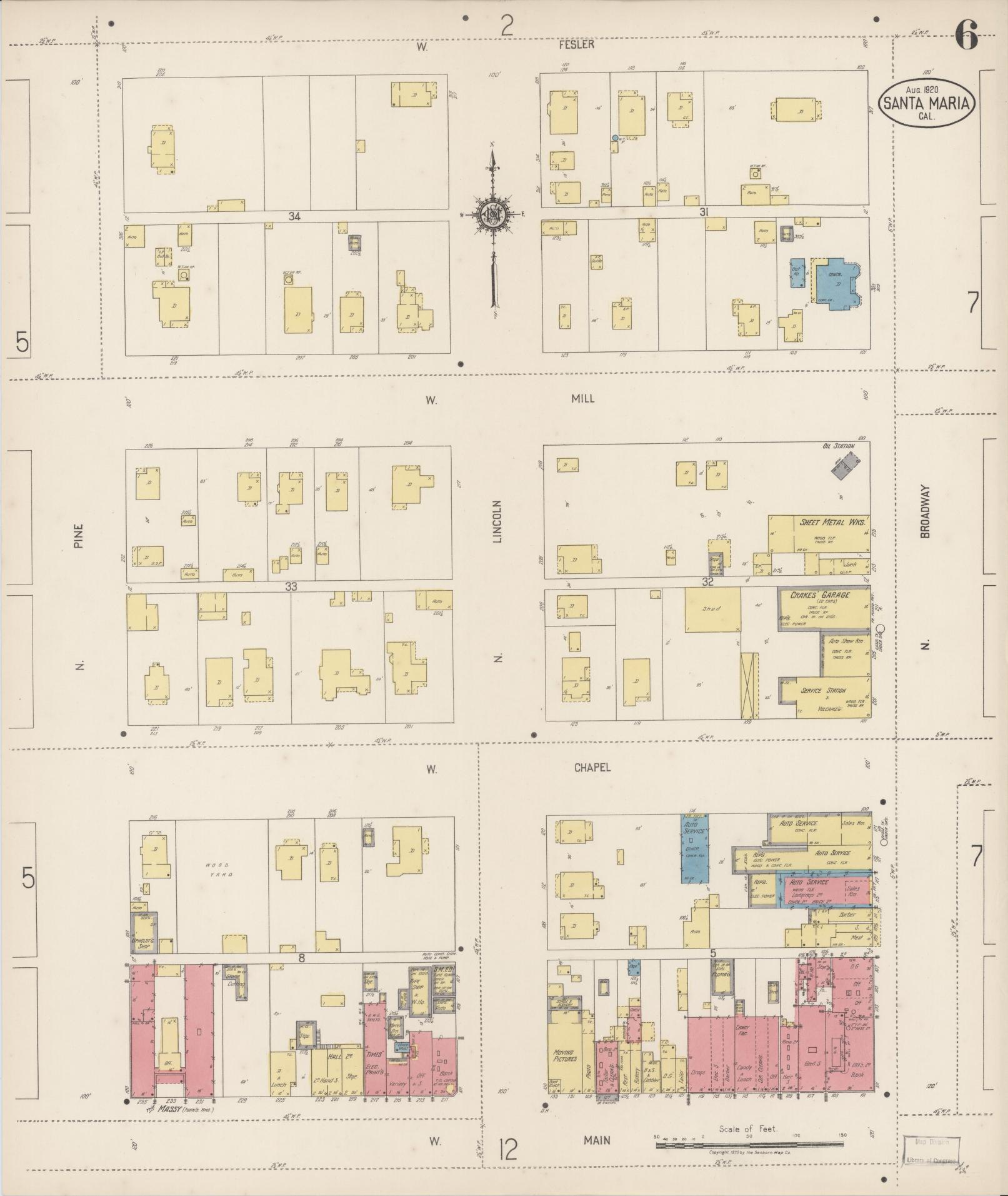 Sanborn Fire Insurance Map from Santa Maria, Santa Barbara County, California (1920), Sheet #0006 - Complete Map Set gallery image, historic Sanborn map, vintage wall art, California California