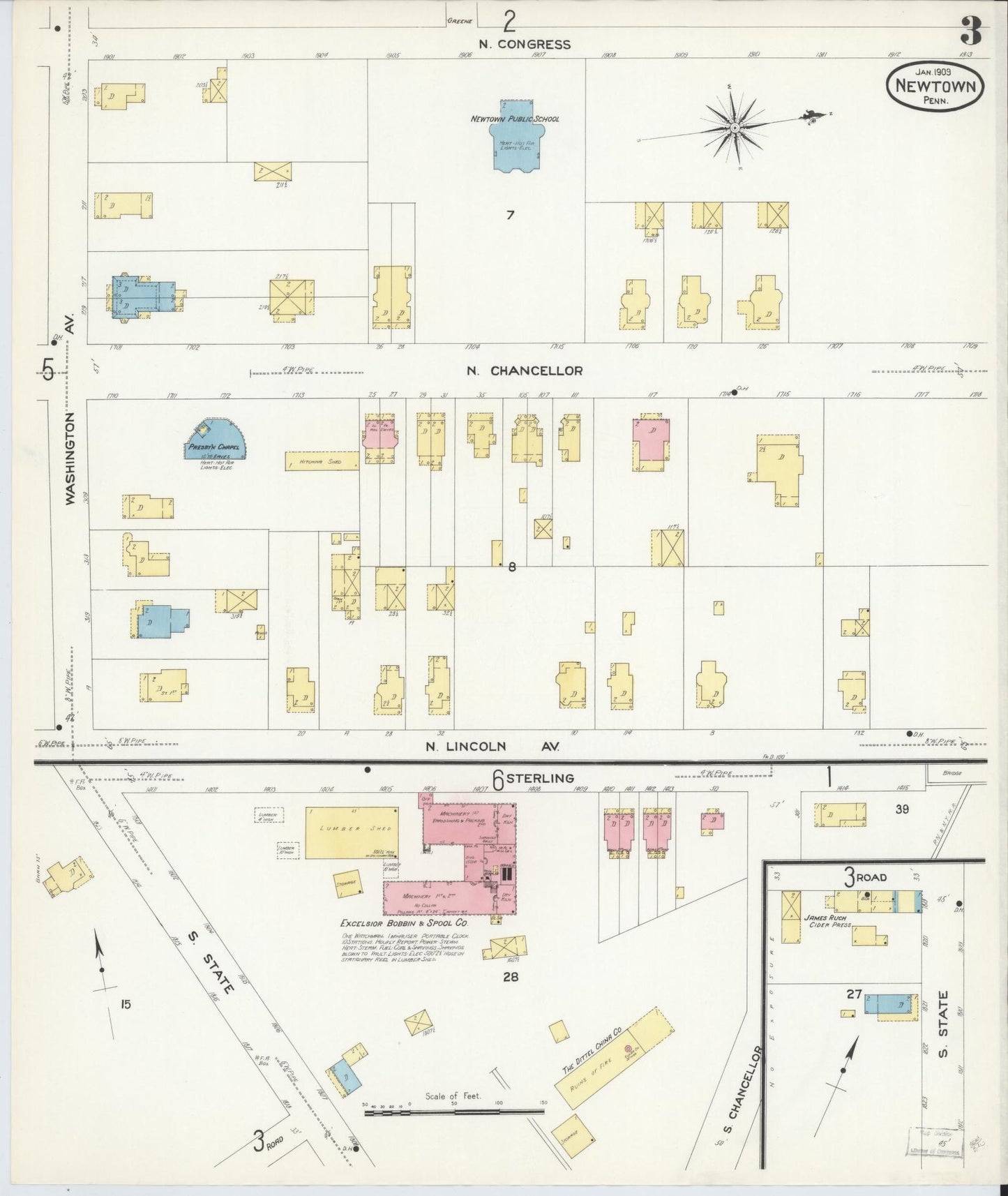 Sanborn Fire Insurance Map from Newtown, Bucks County, Pennsylvania (1909), Sheet #0003 - Complete Map Set gallery image, historic Sanborn map, vintage wall art, Pennsylvania Pennsylvania