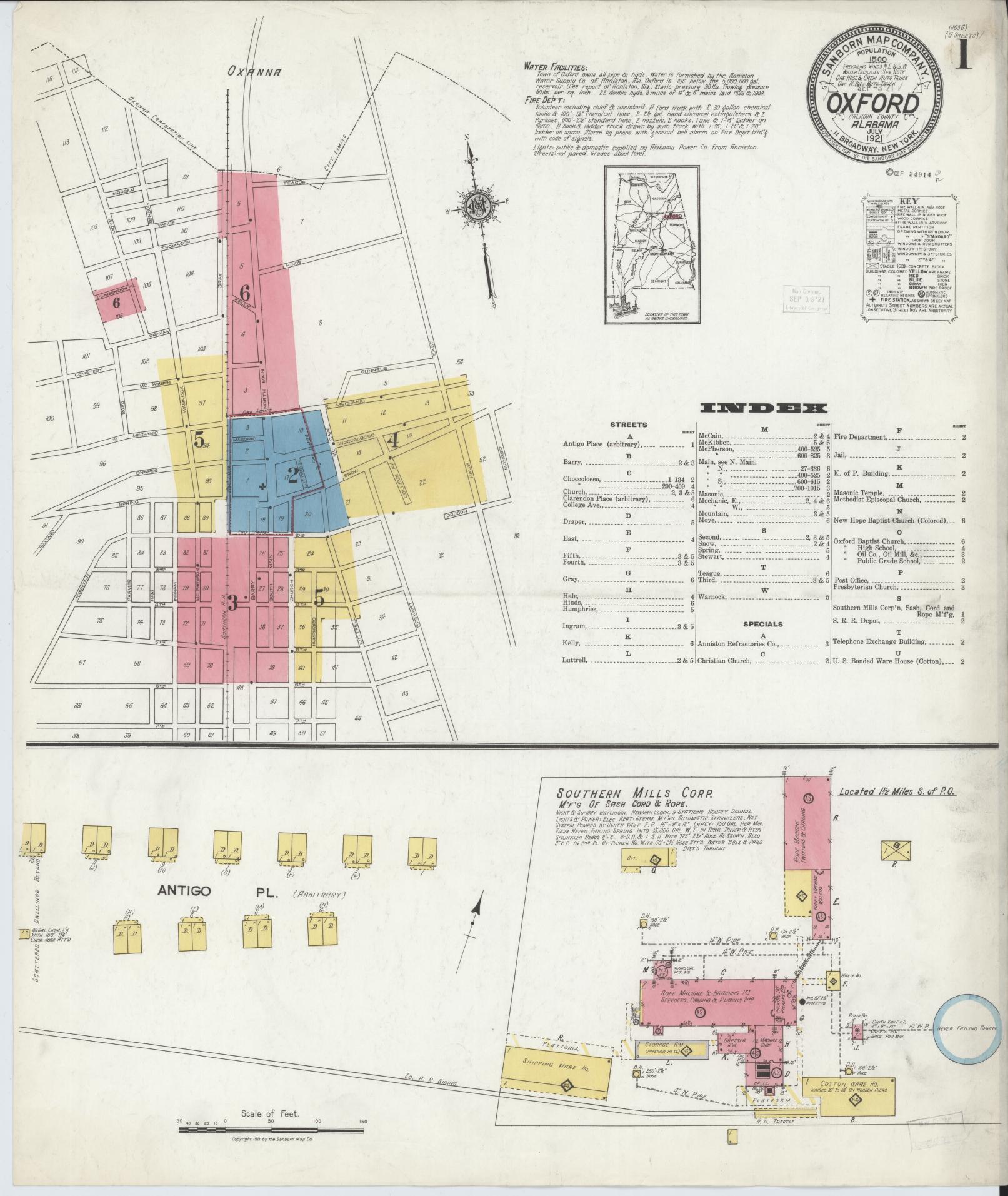 Sanborn Fire Insurance Map from Oxford, Calhoun County, Alabama (1921), Sheet #0001 - Historic Sanborn Fire Insurance Map Print, vintage old map wall art, antique decor, genealogy gift, Alabama Alabama map
