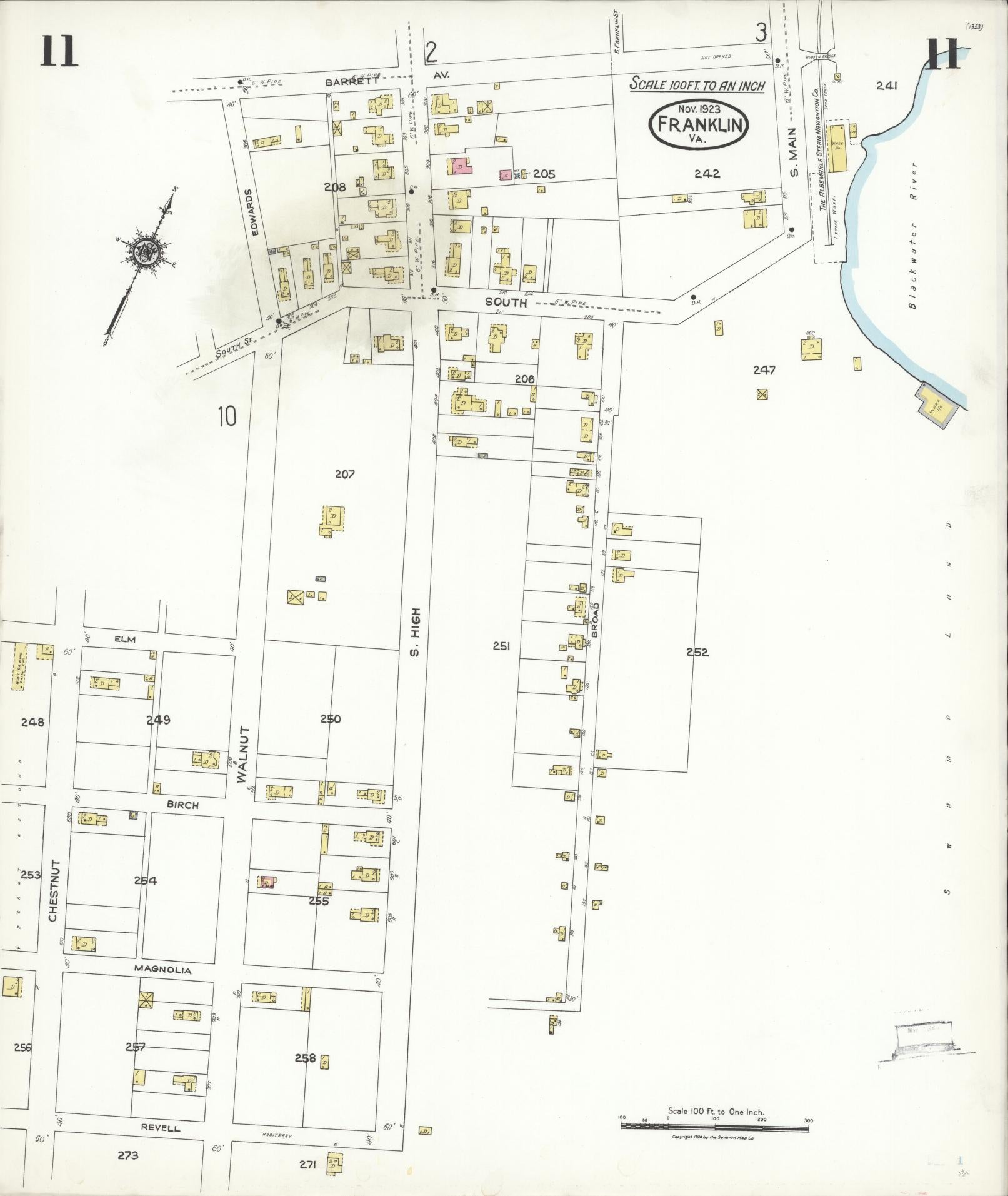 Sanborn Fire Insurance Map from Franklin, Independent Cities, Virginia (1923), Sheet #0011 - Complete Map Set gallery image, historic Sanborn map, vintage wall art, Virginia Virginia