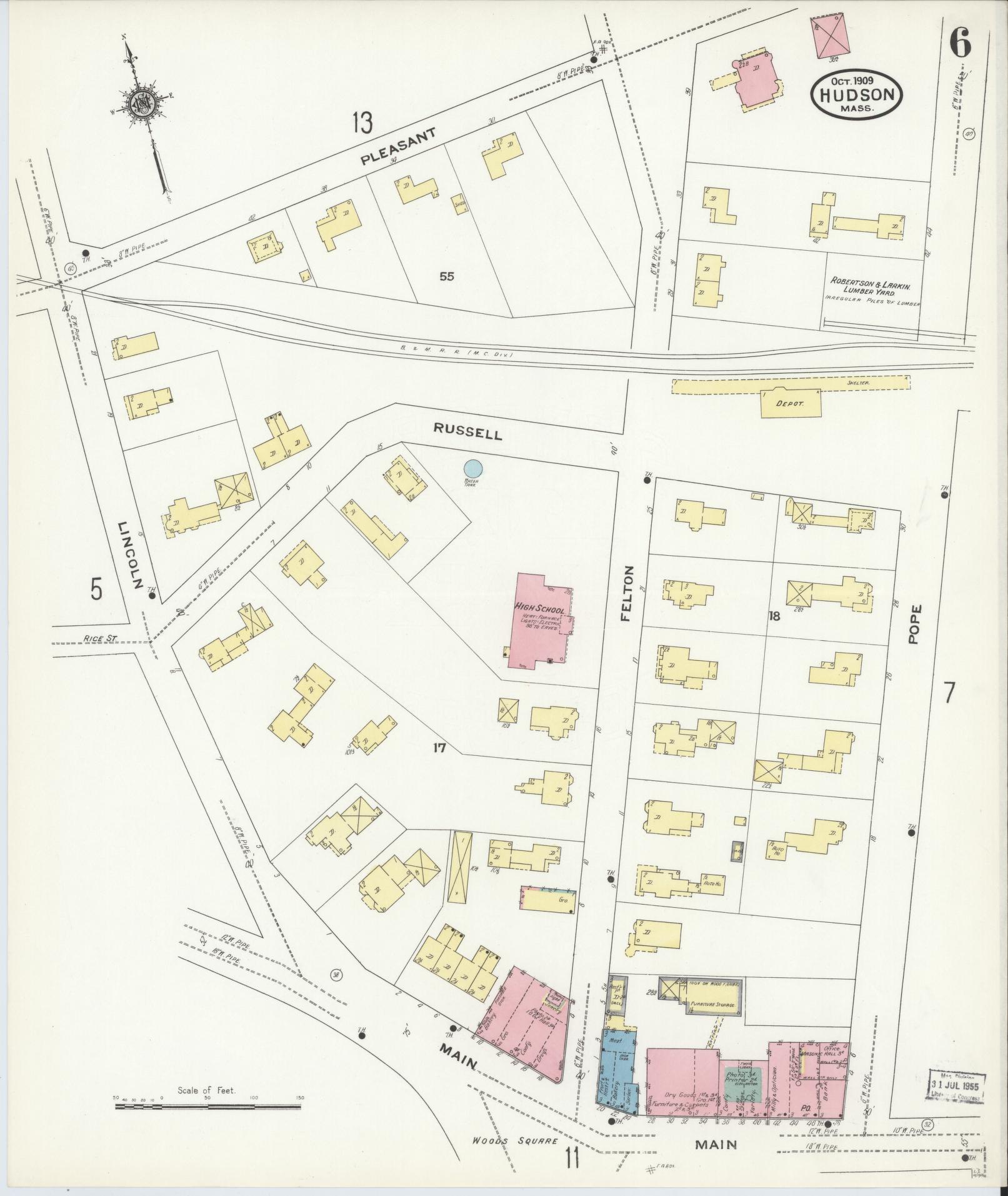 Sanborn Fire Insurance Map from Hudson, Middlesex County, Massachusetts (1909), Sheet #0006 - Historic Sanborn Fire Insurance Map Print, vintage old map wall art, antique decor, genealogy gift, Massachusetts Massachusetts map