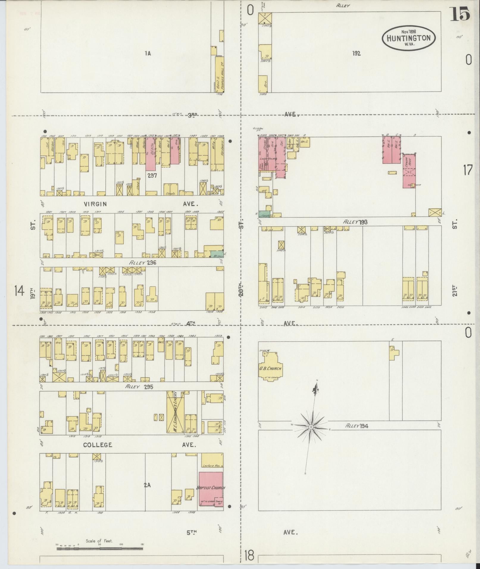 Sanborn Fire Insurance Map from Huntington, Cabell County, West Virginia (1898), Sheet #0015 - Historic Sanborn Fire Insurance Map Print, vintage old map wall art, antique decor, genealogy gift, West Virginia West Virginia map