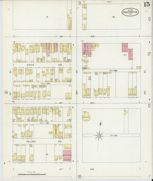 Sanborn Fire Insurance Map from Huntington, Cabell County, West Virginia (1898), Sheet #0015 - Historic Sanborn Fire Insurance Map Print, vintage old map wall art, antique decor, genealogy gift, West Virginia West Virginia map