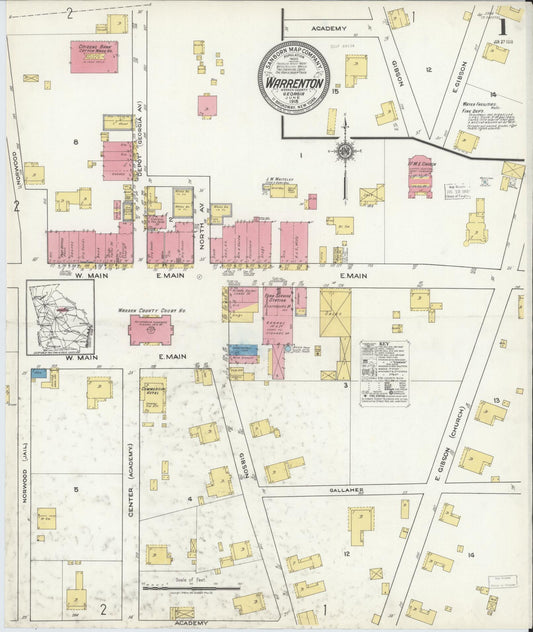Sanborn Fire Insurance Map from Warrenton, Warren County, Georgia (1918), Sheet #0001 - Historic Sanborn Fire Insurance Map Print, vintage old map wall art, antique decor, genealogy gift, Georgia Georgia map