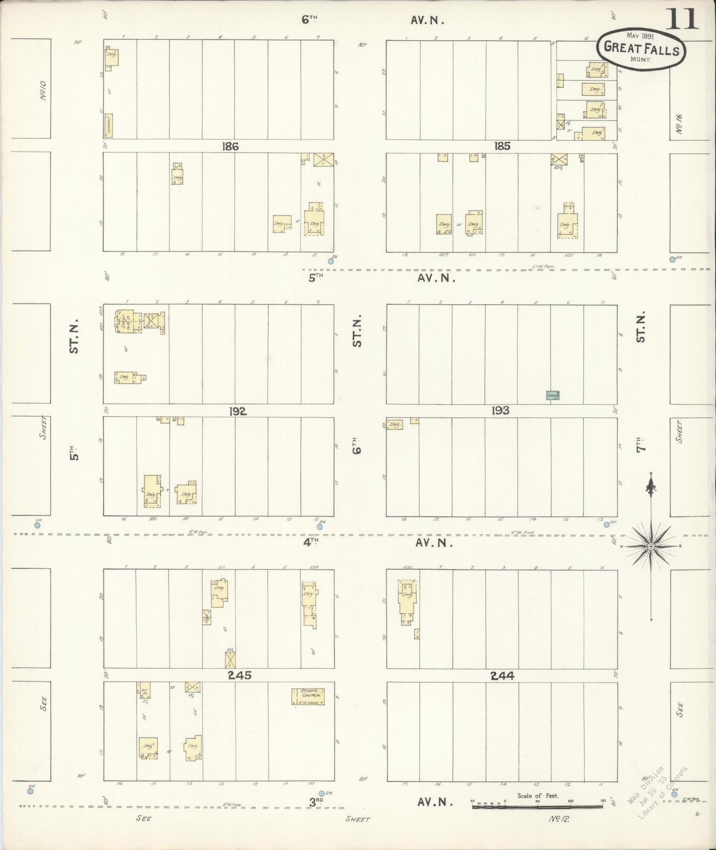 Sanborn Fire Insurance Map from Great Falls, Cascade County, Montana (1891), Sheet #0011 - Historic Sanborn Fire Insurance Map Print, vintage old map wall art, antique decor, genealogy gift, Montana Montana map