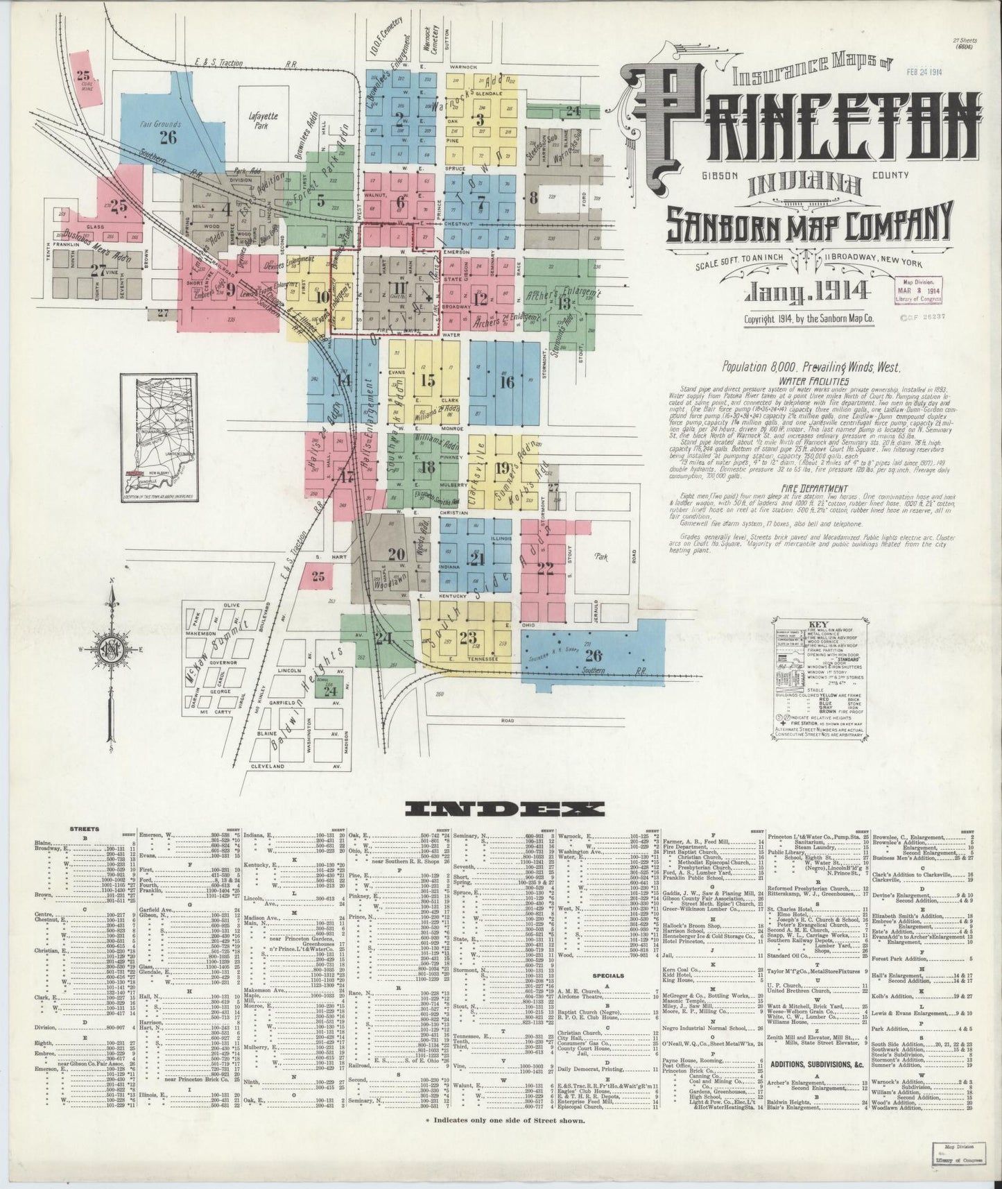 Sanborn Fire Insurance Map from Princeton, Gibson County, Indiana (1914), Sheet #0001 - Historic Sanborn Fire Insurance Map Print, vintage old map wall art, antique decor, genealogy gift, Indiana Indiana map