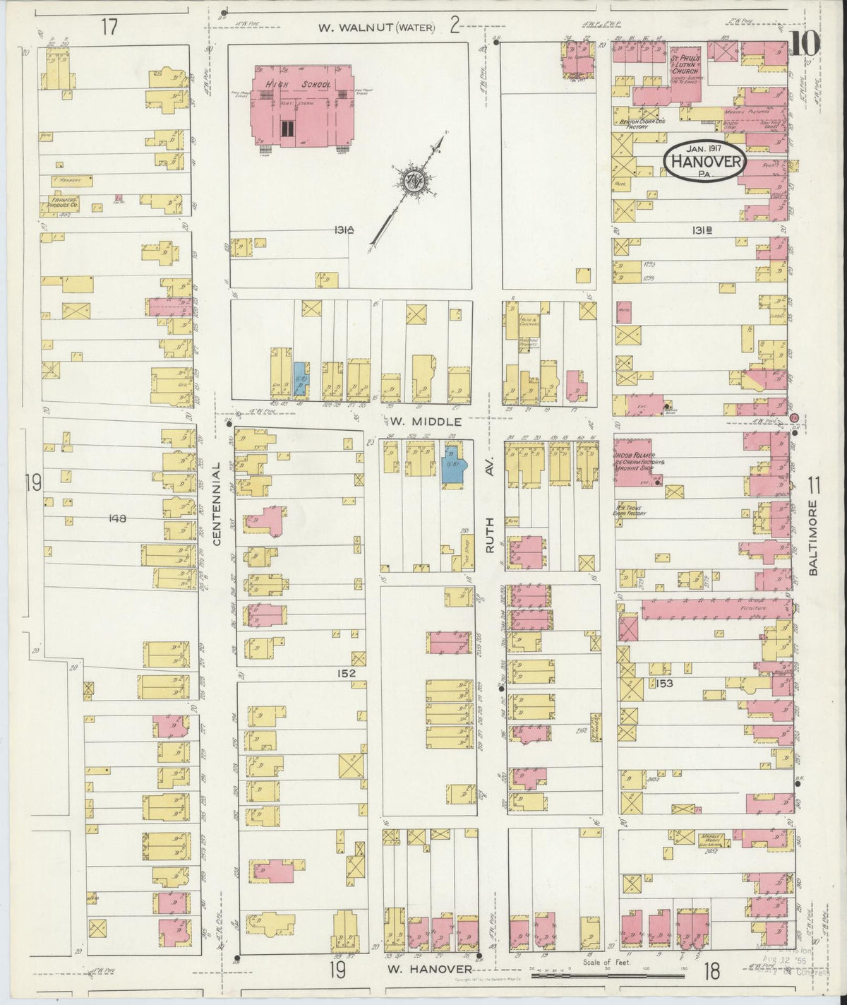 Sanborn Fire Insurance Map from Hanover, York County, Pennsylvania (1917), Sheet #0010 - Historic Sanborn Fire Insurance Map Print, vintage old map wall art, antique decor, genealogy gift, Pennsylvania Pennsylvania map