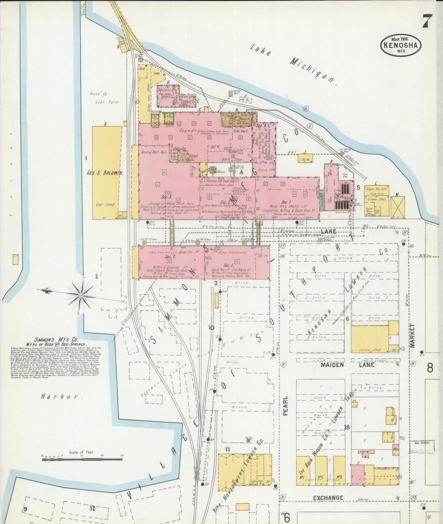 Sanborn Fire Insurance Map from Kenosha, Kenosha County, Wisconsin (1900), Sheet #0007 - Historic Sanborn Fire Insurance Map Print, vintage old map wall art, antique decor, genealogy gift, Wisconsin Wisconsin map