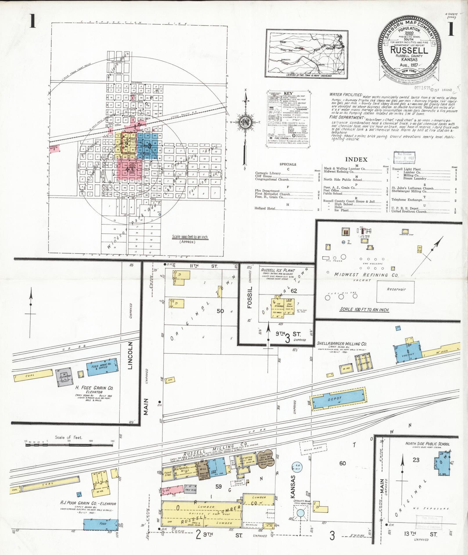 Sanborn Fire Insurance Map from Russell, Russell County, Kansas (1927), Sheet #0001 - Historic Sanborn Fire Insurance Map Print, vintage old map wall art, antique decor, genealogy gift, Kansas Kansas map