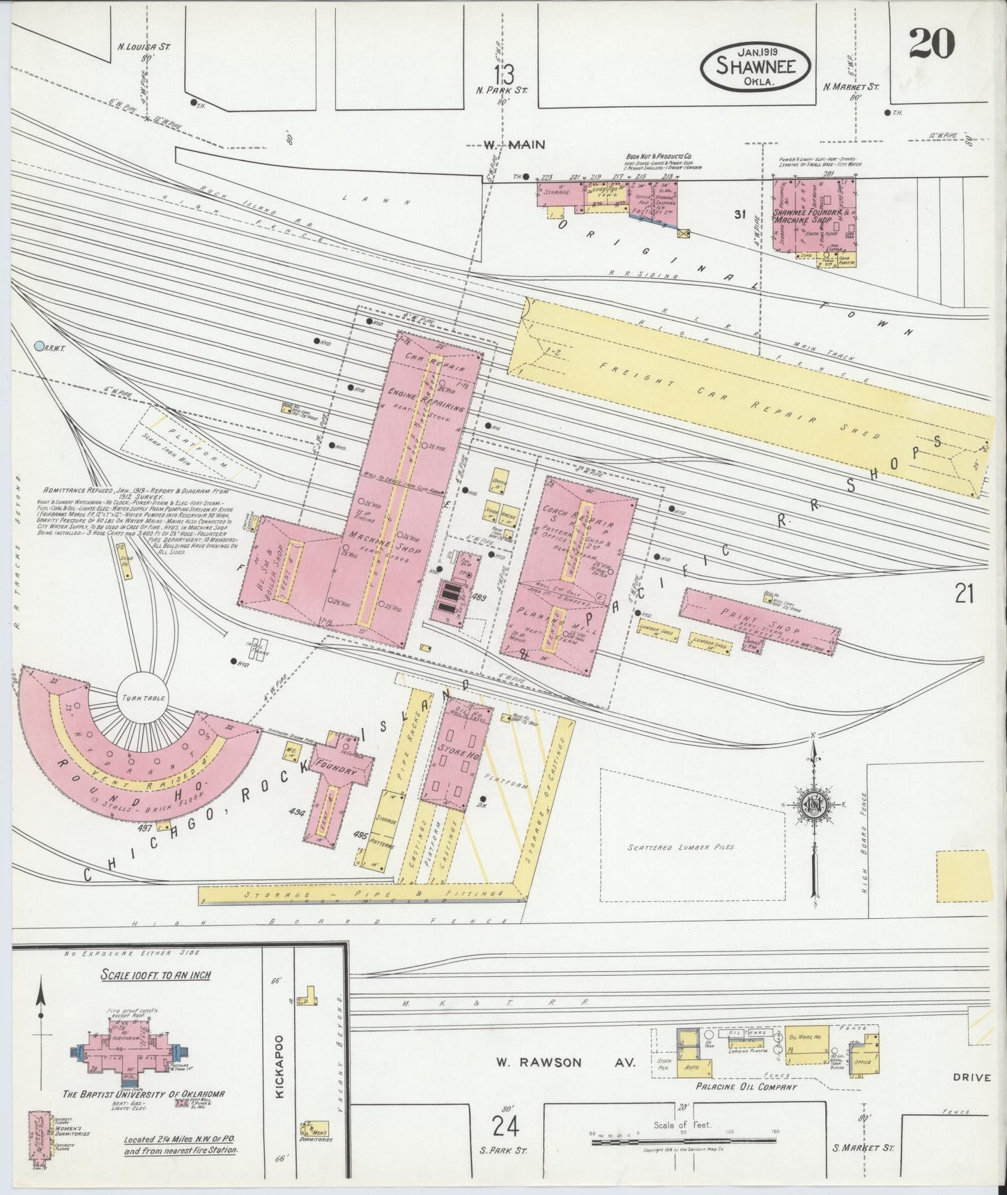 Sanborn Fire Insurance Map from Shawnee, Pottawatomie County, Oklahoma (1919), Sheet #0020 - Complete Map Set gallery image, historic Sanborn map, vintage wall art, Oklahoma Oklahoma