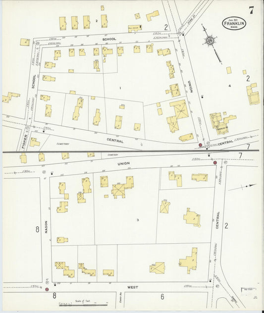 Sanborn Fire Insurance Map from Franklin, Norfolk County, Massachusetts (1911), Sheet #0007 - Historic Sanborn Fire Insurance Map Print, vintage old map wall art, antique decor, genealogy gift, Massachusetts Massachusetts map