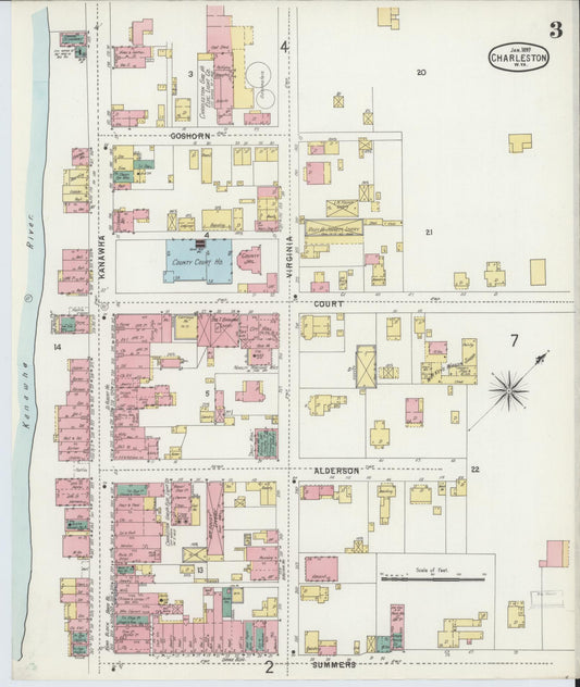 Sanborn Fire Insurance Map from Charleston, Kanawha County, West Virginia (1897), Sheet #0003 - Historic Sanborn Fire Insurance Map Print, vintage old map wall art, antique decor, genealogy gift, West Virginia West Virginia map