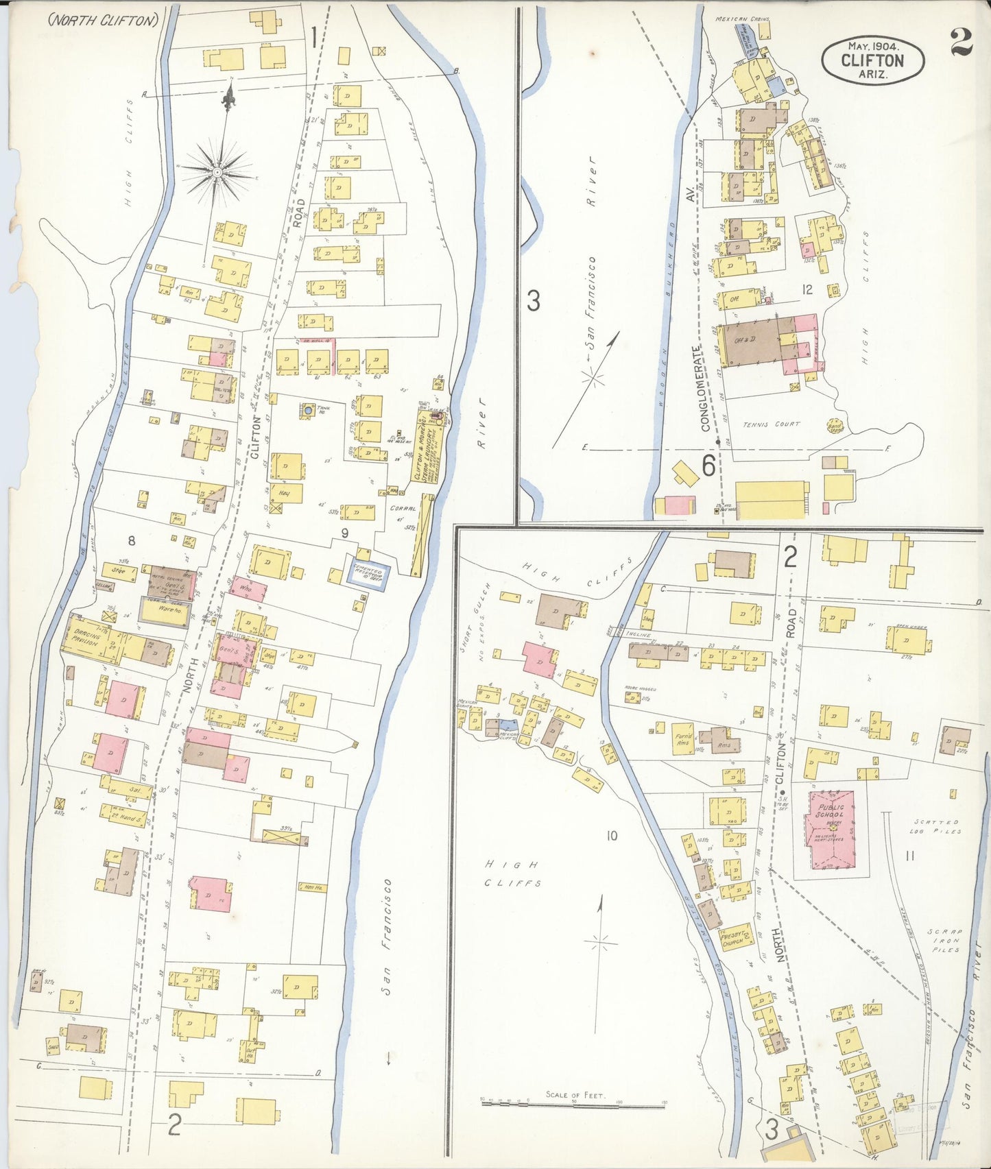 Sanborn Fire Insurance Map from Clifton, Greenlee County, Arizona (1904), Sheet #0002 - Complete Map Set gallery image, historic Sanborn map, vintage wall art, Arizona Arizona