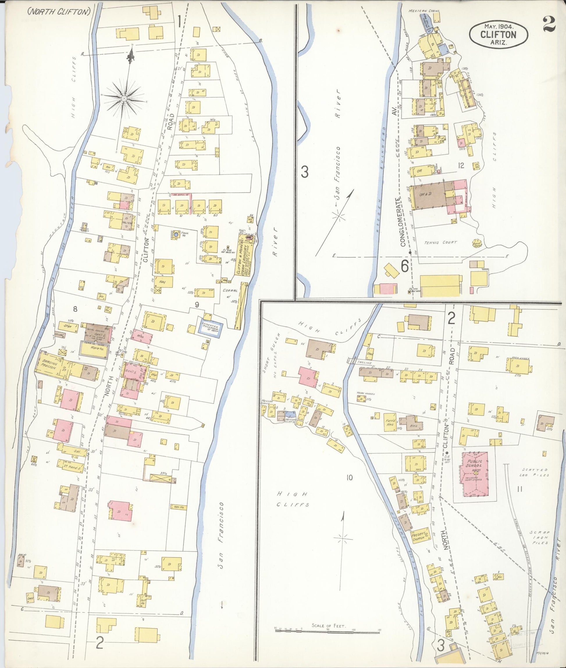 Sanborn Fire Insurance Map from Clifton, Greenlee County, Arizona (1904), Sheet #0002 - Complete Map Set gallery image, historic Sanborn map, vintage wall art, Arizona Arizona