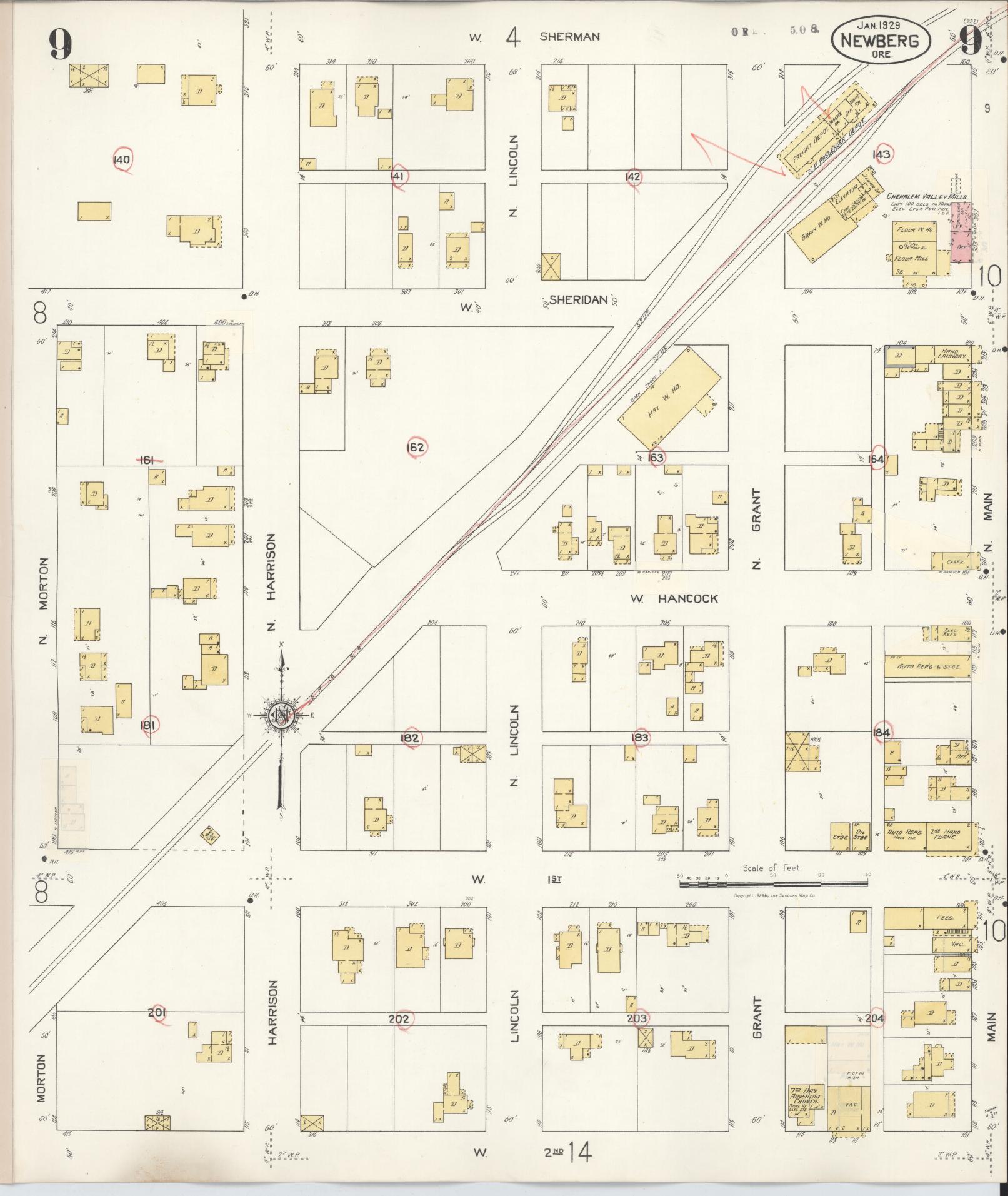 Sanborn Fire Insurance Map from Newberg, Yamhill County, Oregon (1934), Sheet #0009 - Historic Sanborn Fire Insurance Map Print, vintage old map wall art, antique decor, genealogy gift, Oregon Oregon map