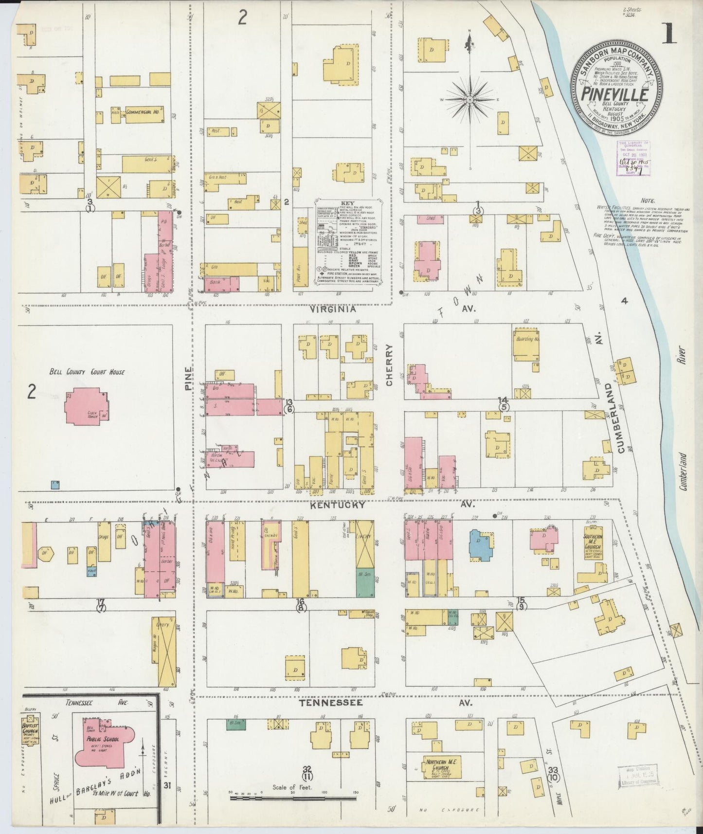 Sanborn Fire Insurance Map from Pineville, Bell County, Kentucky (1905), Sheet #0001 - Historic Sanborn Fire Insurance Map Print, vintage old map wall art, antique decor, genealogy gift, Kentucky Kentucky map