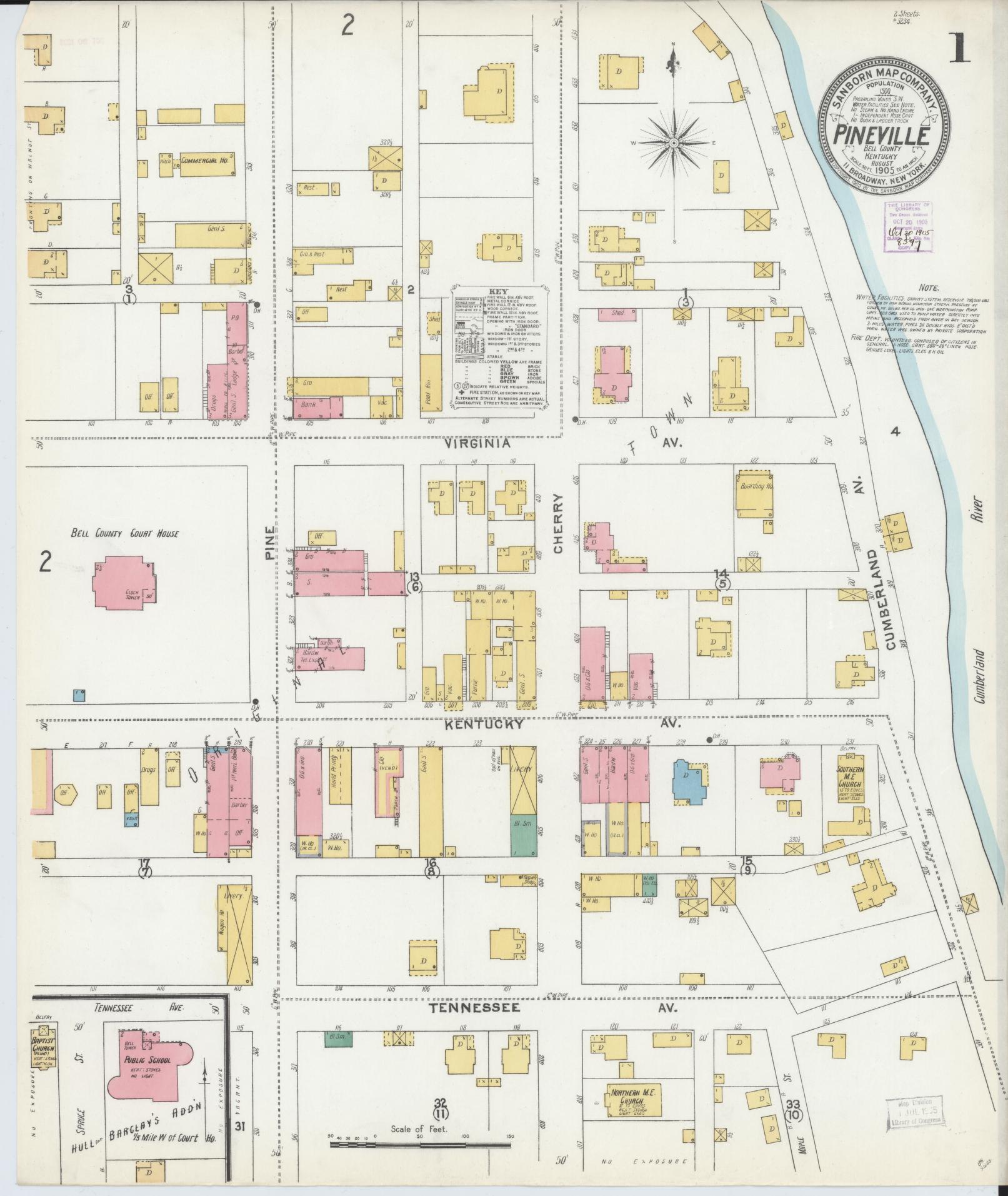 Sanborn Fire Insurance Map from Pineville, Bell County, Kentucky (1905), Sheet #0001 - Historic Sanborn Fire Insurance Map Print, vintage old map wall art, antique decor, genealogy gift, Kentucky Kentucky map