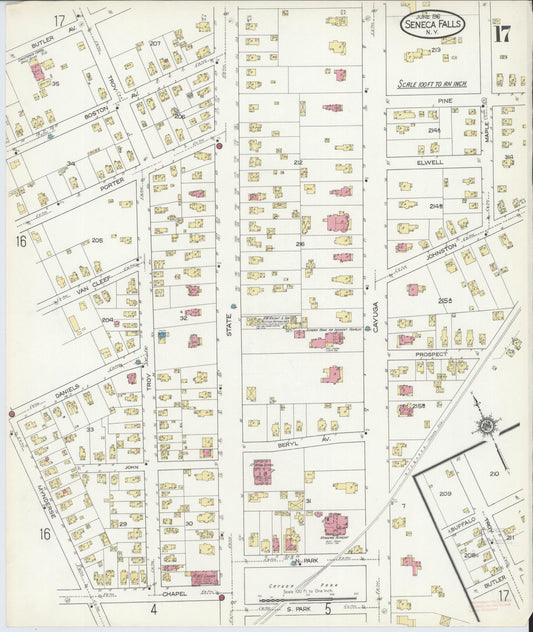 Sanborn Fire Insurance Map from Seneca Falls, Seneca County, New York (1916), Sheet #0017 - Historic Sanborn Fire Insurance Map Print, vintage old map wall art, antique decor, genealogy gift, New York New York map