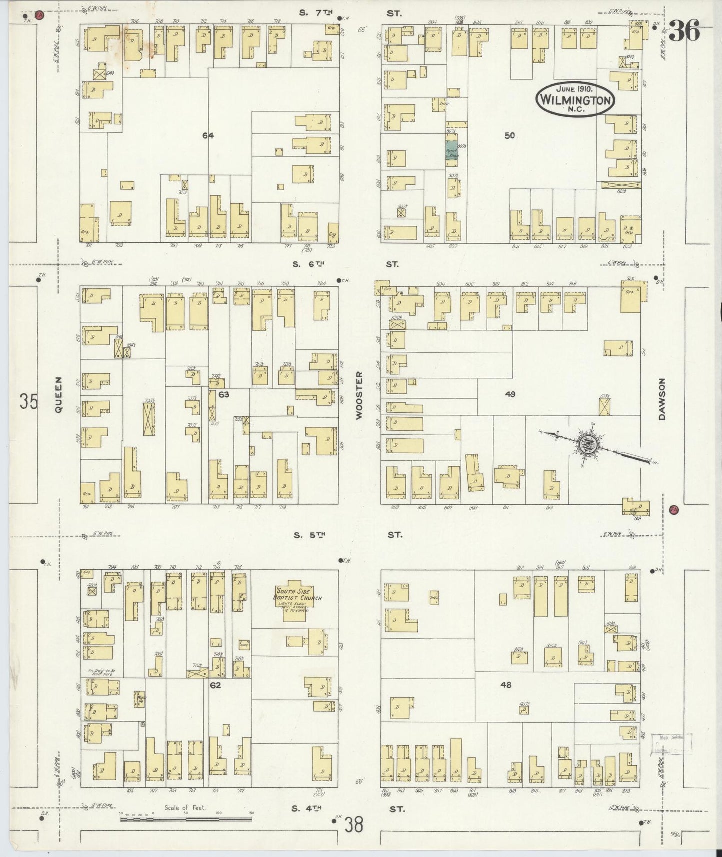 Sanborn Fire Insurance Map from Wilmington, New Hanover County, North Carolina (1910), Sheet #0036 - Historic Sanborn Fire Insurance Map Print, vintage old map wall art, antique decor, genealogy gift, North Carolina North Carolina map