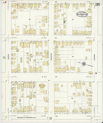 Sanborn Fire Insurance Map from Wilmington, New Hanover County, North Carolina (1910), Sheet #0036 - Historic Sanborn Fire Insurance Map Print, vintage old map wall art, antique decor, genealogy gift, North Carolina North Carolina map