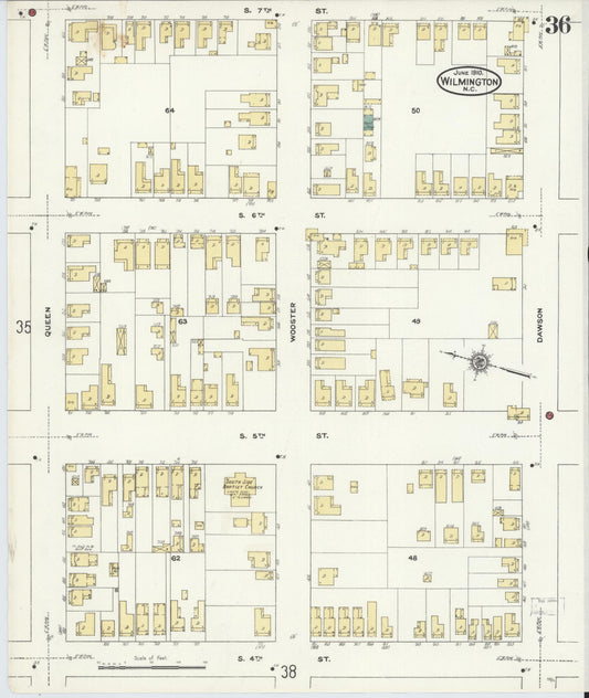 Sanborn Fire Insurance Map from Wilmington, New Hanover County, North Carolina (1910), Sheet #0036 - Historic Sanborn Fire Insurance Map Print, vintage old map wall art, antique decor, genealogy gift, North Carolina North Carolina map