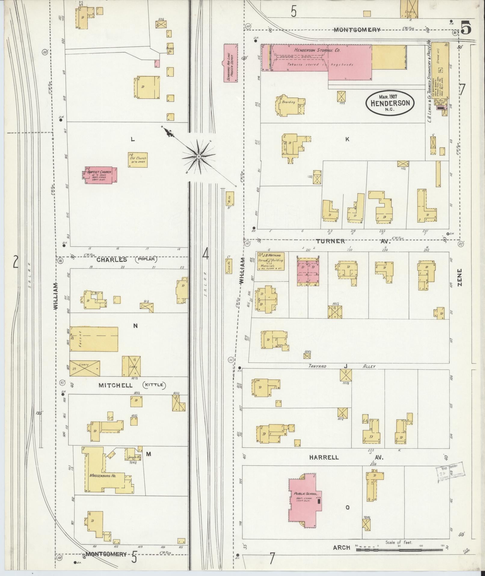 Sanborn Fire Insurance Map from Henderson, Vance County, North Carolina (1907), Sheet #0005 - Complete Map Set gallery image, historic Sanborn map, vintage wall art, North Carolina North Carolina