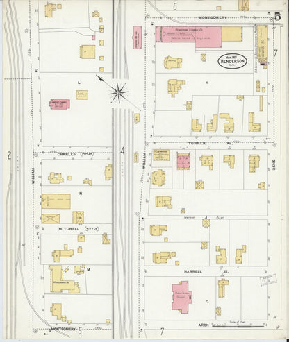 Sanborn Fire Insurance Map from Henderson, Vance County, North Carolina (1907), Sheet #0005 - Complete Map Set gallery image, historic Sanborn map, vintage wall art, North Carolina North Carolina