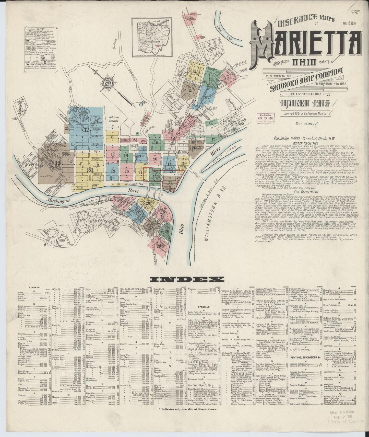Sanborn Fire Insurance Map from Marietta, Washington County, Ohio (1915), Sheet #0001 - Historic Sanborn Fire Insurance Map Print, vintage old map wall art, antique decor, genealogy gift, Ohio Ohio map