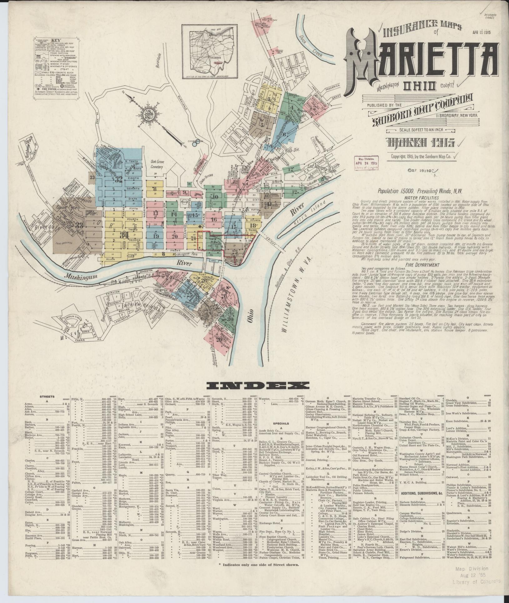Sanborn Fire Insurance Map from Marietta, Washington County, Ohio (1915), Sheet #0001 - Historic Sanborn Fire Insurance Map Print, vintage old map wall art, antique decor, genealogy gift, Ohio Ohio map