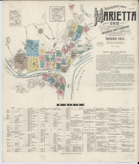 Sanborn Fire Insurance Map from Marietta, Washington County, Ohio (1915), Sheet #0001 - Historic Sanborn Fire Insurance Map Print, vintage old map wall art, antique decor, genealogy gift, Ohio Ohio map
