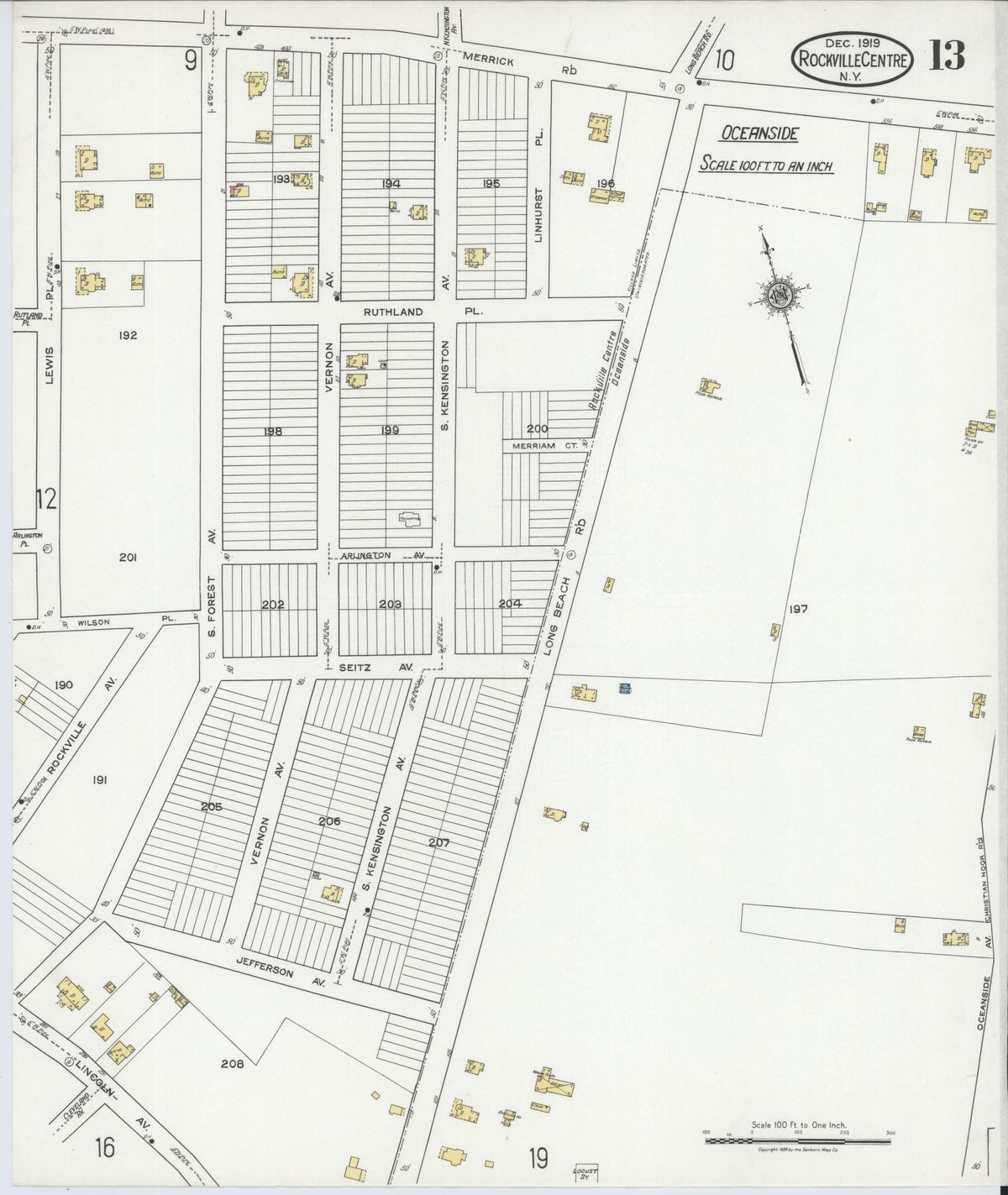 Sanborn Fire Insurance Map from Rockville Centre, Nassau County, New York (1919), Sheet #0013 - Historic Sanborn Fire Insurance Map Print, vintage old map wall art, antique decor, genealogy gift, New York New York map