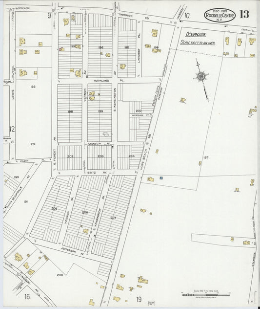 Sanborn Fire Insurance Map from Rockville Centre, Nassau County, New York (1919), Sheet #0013 - Historic Sanborn Fire Insurance Map Print, vintage old map wall art, antique decor, genealogy gift, New York New York map