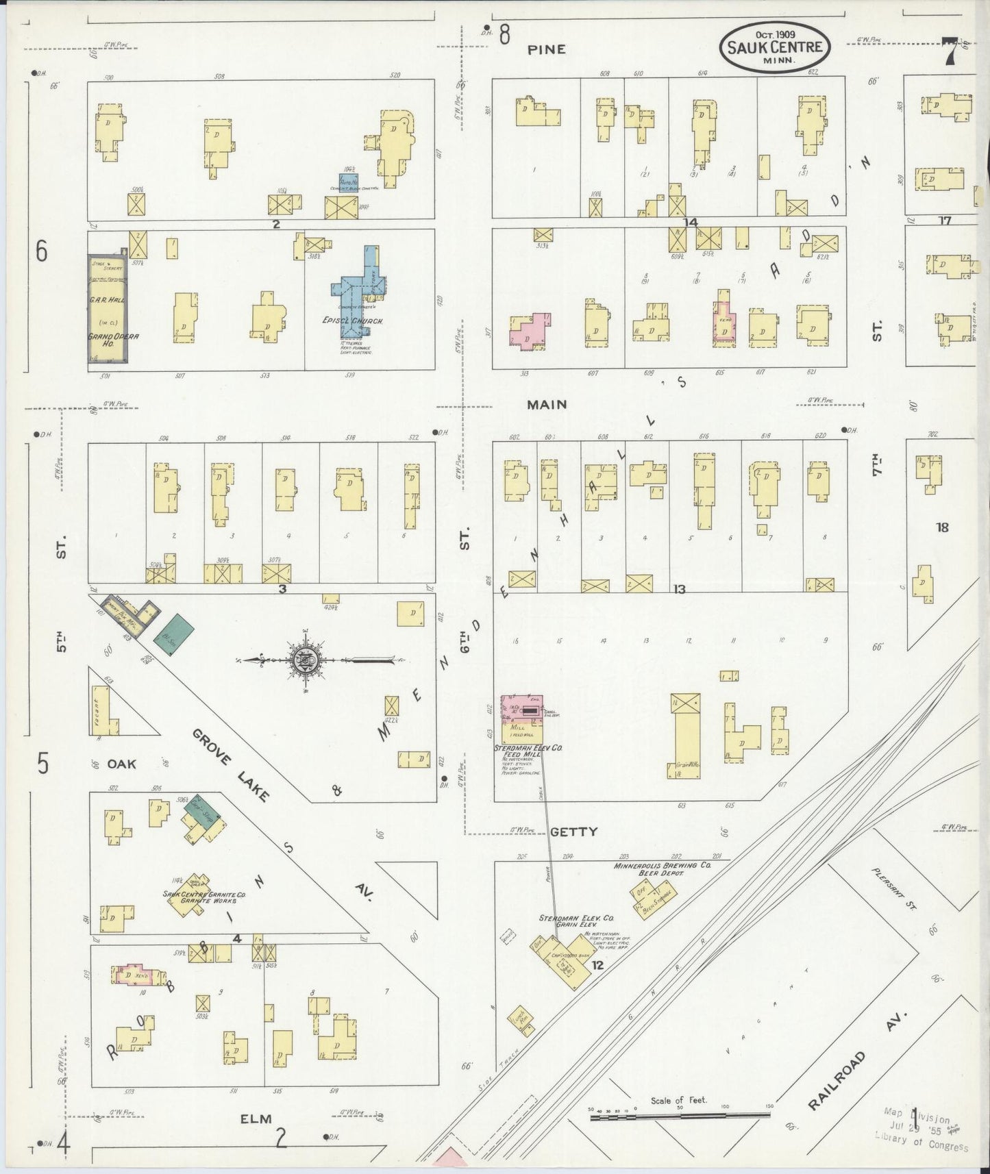 Sanborn Fire Insurance Map from Sauk Centre, Stearns County, Minnesota (1909), Sheet #0007 - Complete Map Set gallery image, historic Sanborn map, vintage wall art, Minnesota Minnesota