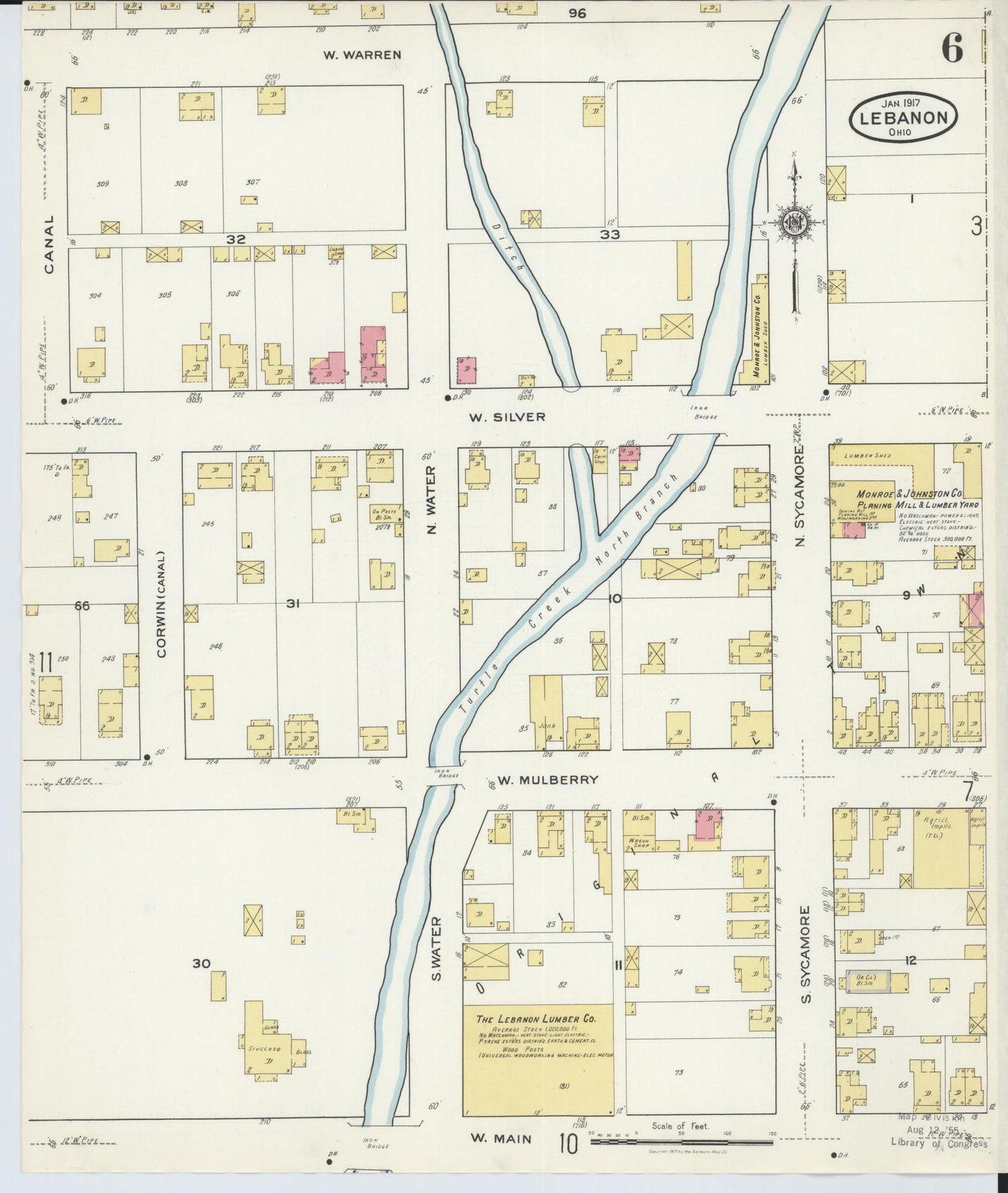 Sanborn Fire Insurance Map from Lebanon, Warren County, Ohio (1917), Sheet #0006 - Historic Sanborn Fire Insurance Map Print, vintage old map wall art, antique decor, genealogy gift, Ohio Ohio map