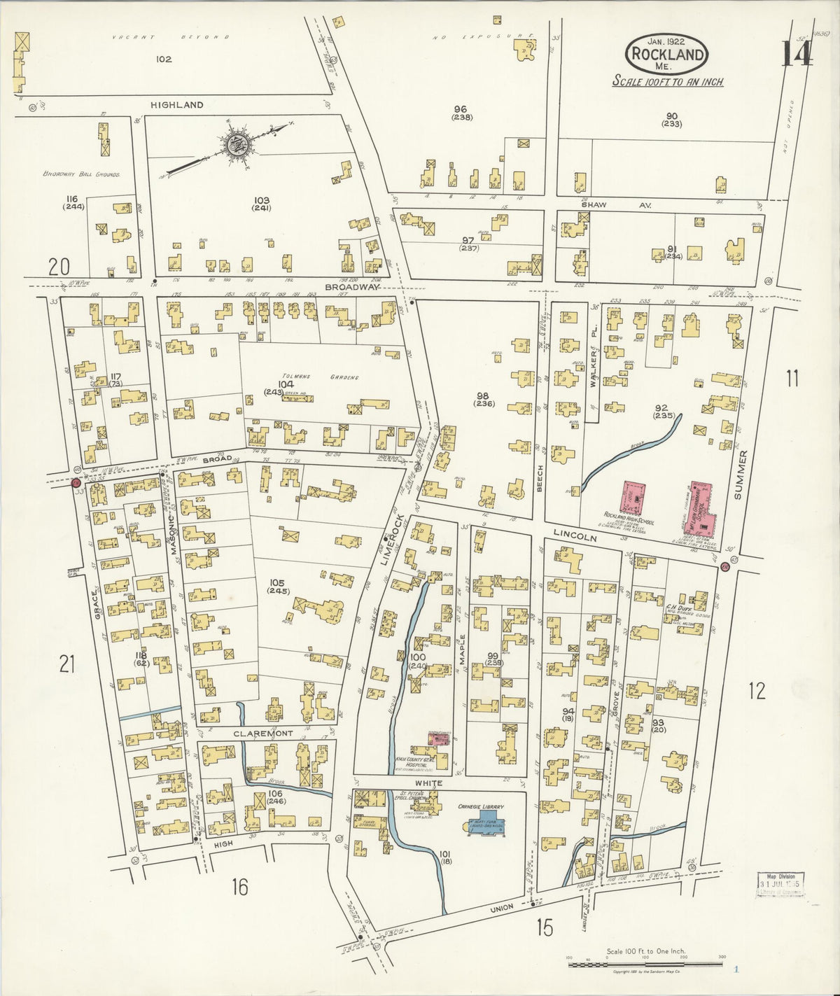 Sanborn Fire Insurance Map from Rockland, Knox County, Maine (1922), Sheet #0014 - Complete Map Set gallery image, historic Sanborn map, vintage wall art, Maine Maine