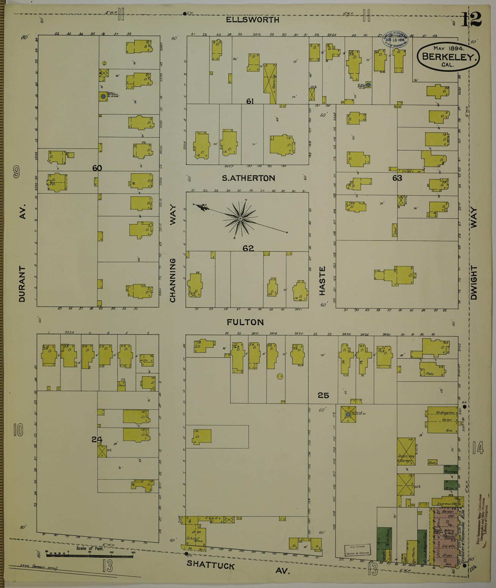 Sanborn Fire Insurance Map from Berkeley, Alameda County, California (1894), Sheet #0012 - Historic Sanborn Fire Insurance Map Print, vintage old map wall art, antique decor, genealogy gift, California California map