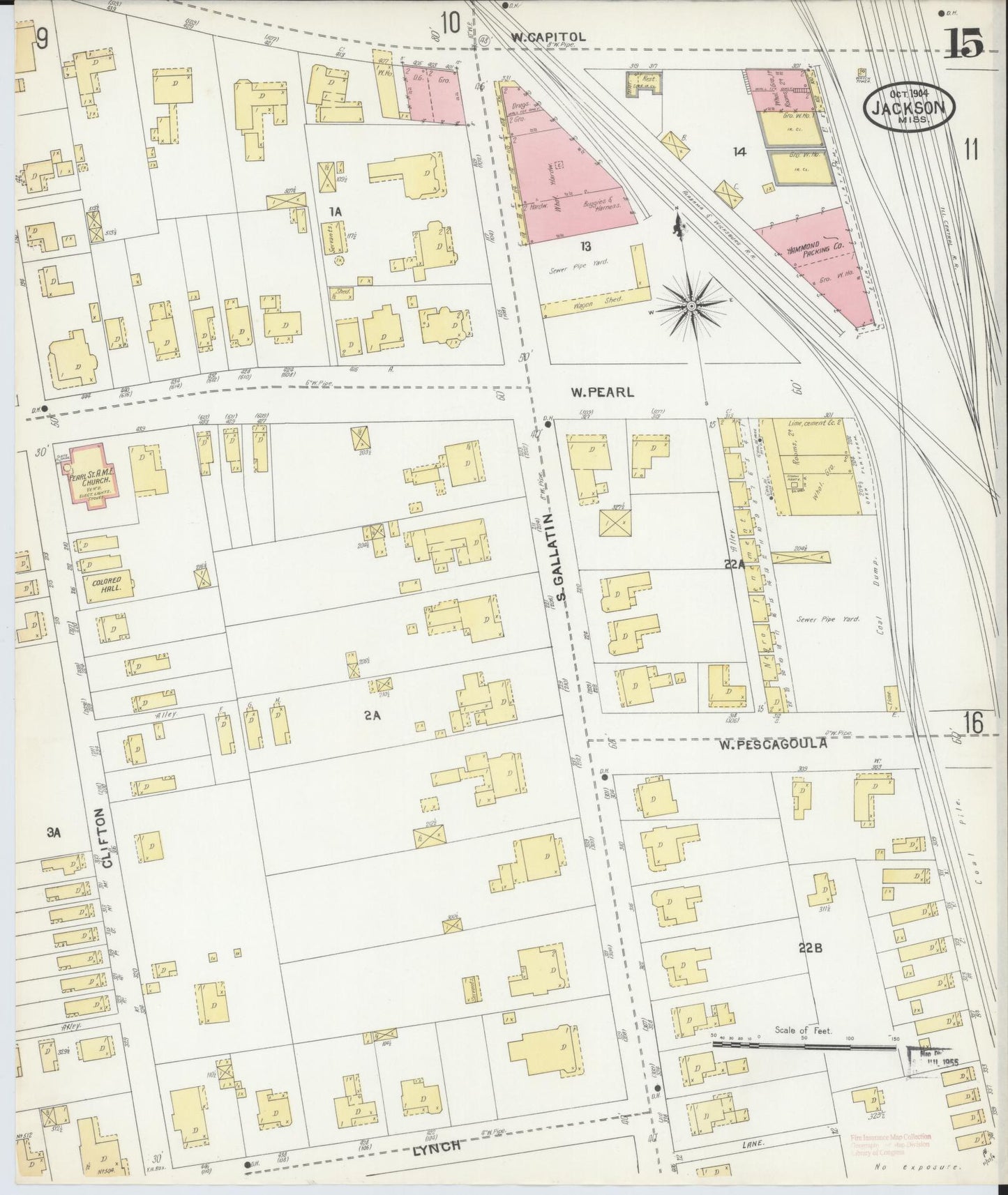 Sanborn Fire Insurance Map from Jackson, Hinds County, Mississippi (1904), Sheet #0015 - Historic Sanborn Fire Insurance Map Print, vintage old map wall art, antique decor, genealogy gift, Mississippi Mississippi map