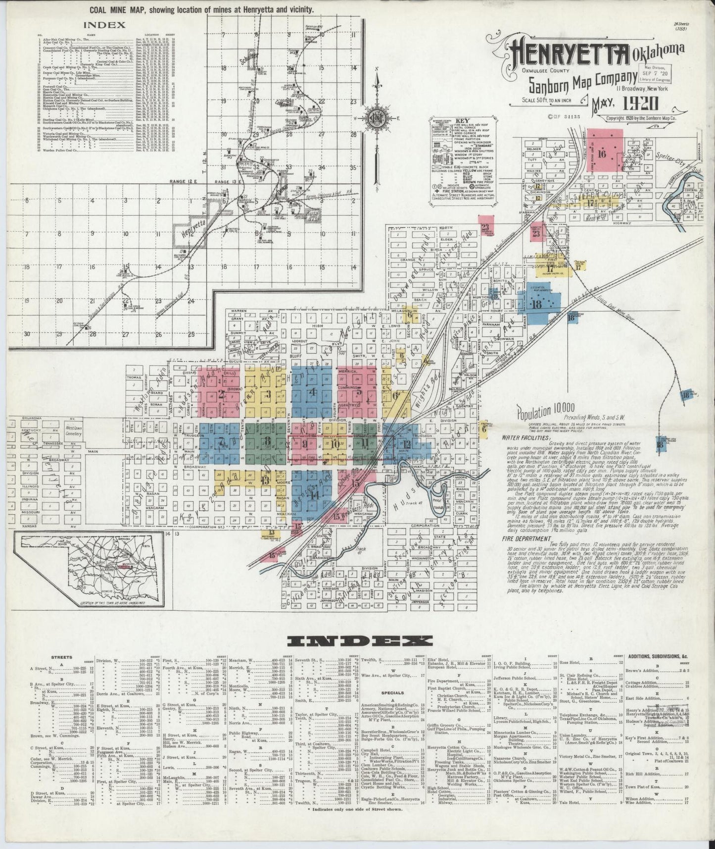 Sanborn Fire Insurance Map from Henryetta, Okmulgee County, Oklahoma (1920), Sheet #0001 - Complete Map Set gallery image, historic Sanborn map, vintage wall art, Oklahoma Oklahoma