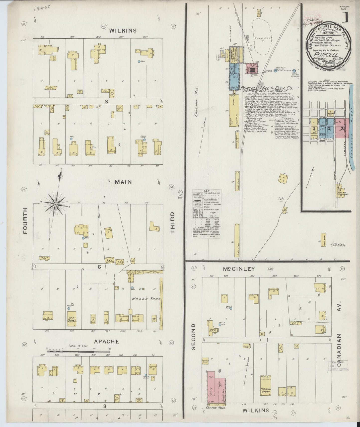 Sanborn Fire Insurance Map from Purcell, McClain County, Oklahoma (1894), Sheet #0001 - Historic Sanborn Fire Insurance Map Print, vintage old map wall art, antique decor, genealogy gift, Oklahoma Oklahoma map