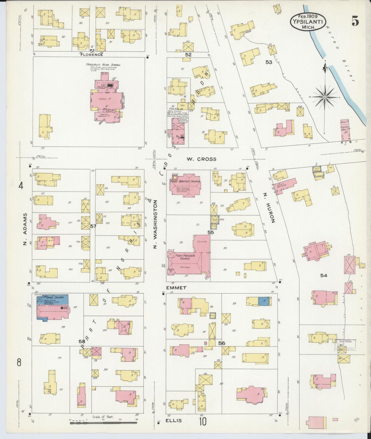 Sanborn Fire Insurance Map from Ypsilanti, Washtenaw County, Michigan (1909), Sheet #0005 - Complete Map Set gallery image, historic Sanborn map, vintage wall art, Michigan Michigan