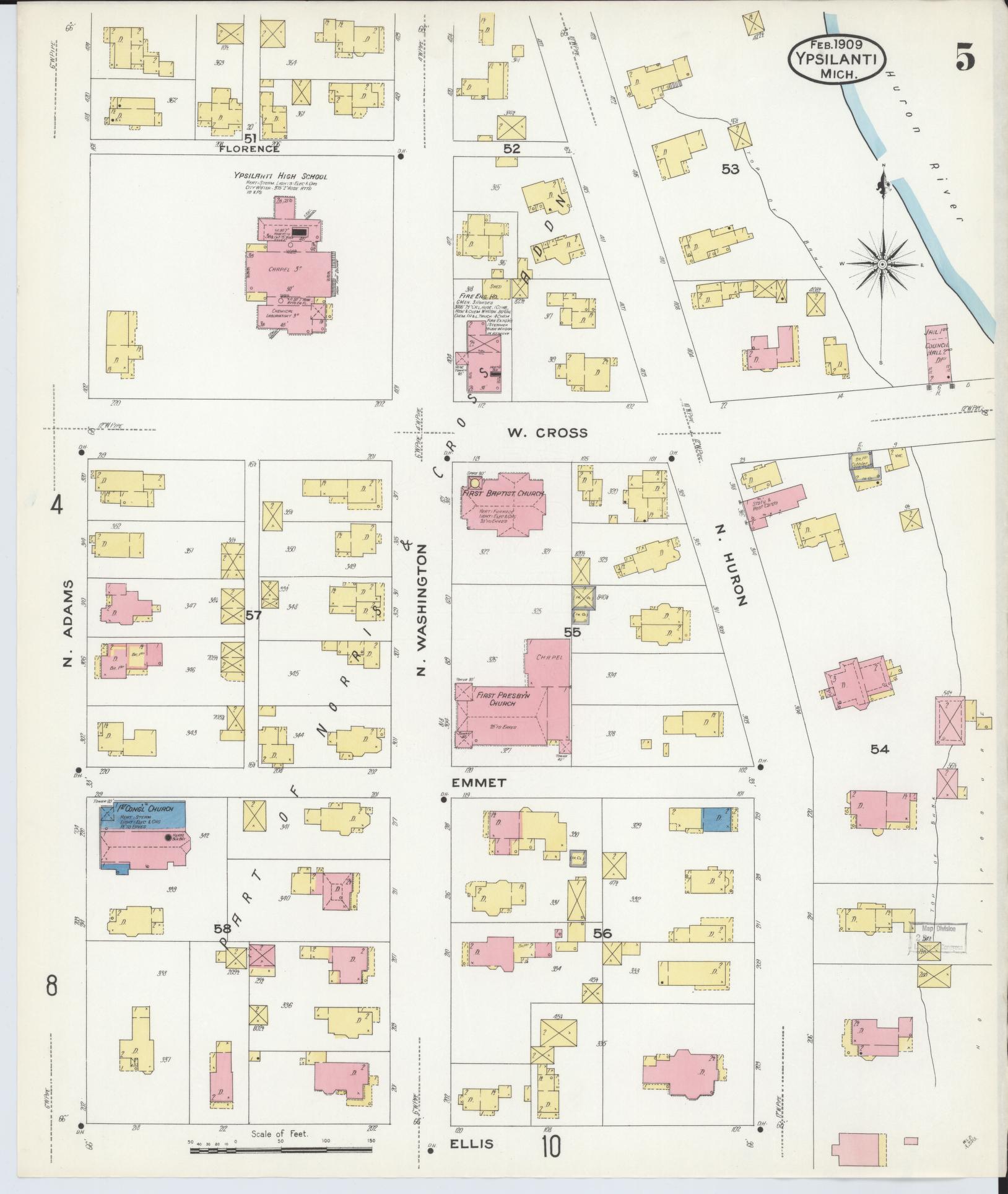 Sanborn Fire Insurance Map from Ypsilanti, Washtenaw County, Michigan (1909), Sheet #0005 - Complete Map Set gallery image, historic Sanborn map, vintage wall art, Michigan Michigan