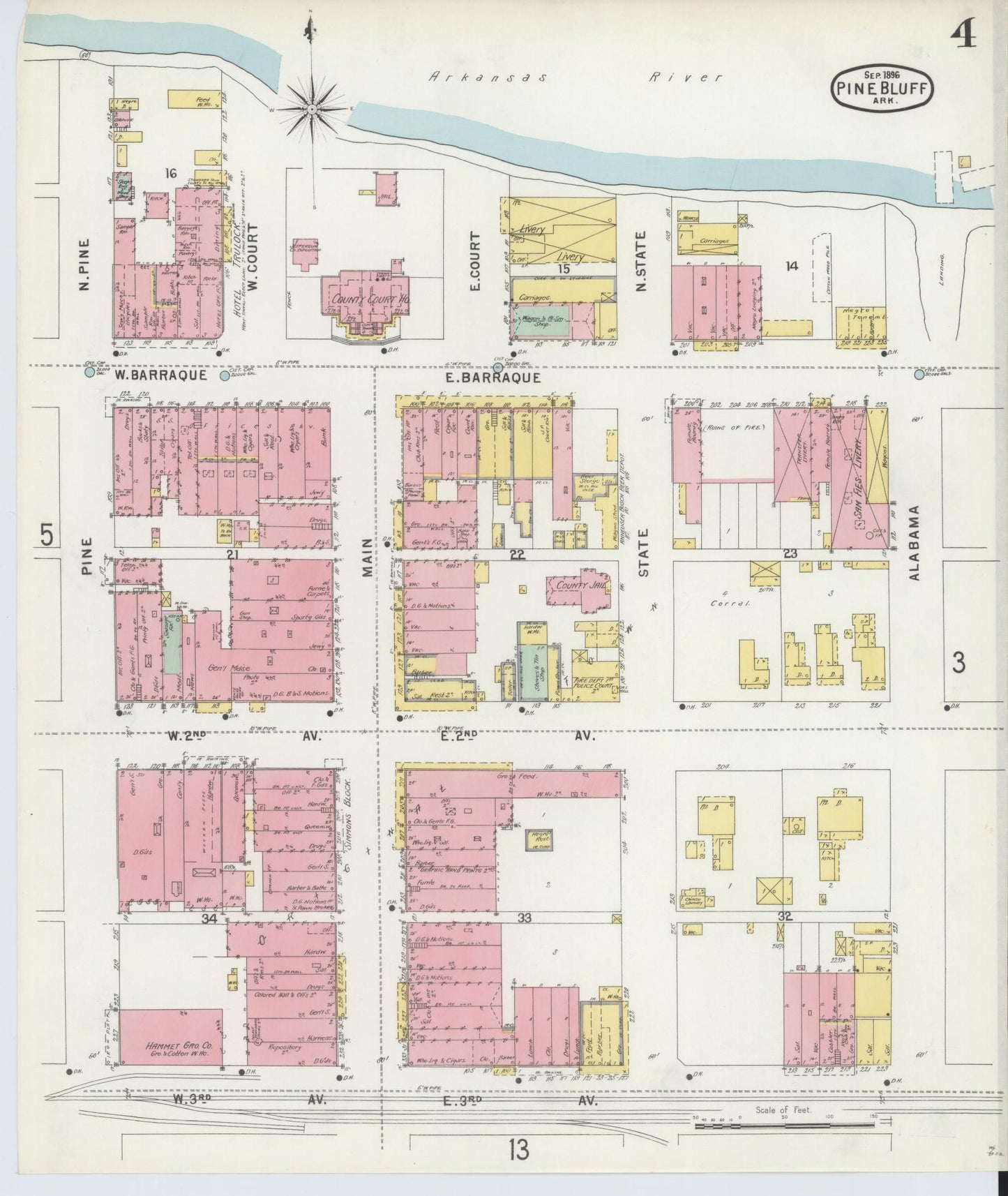 Sanborn Fire Insurance Map from Pine Bluff, Jefferson County, Arkansas (1896), Sheet #0004 - Complete Map Set gallery image, historic Sanborn map, vintage wall art, Arkansas Arkansas