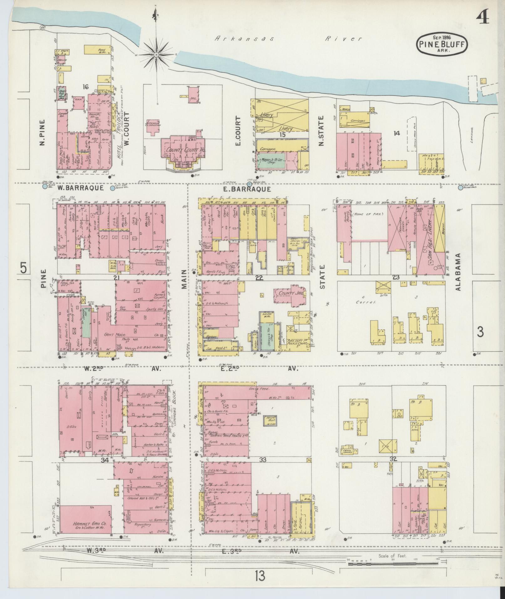Sanborn Fire Insurance Map from Pine Bluff, Jefferson County, Arkansas (1896), Sheet #0004 - Complete Map Set gallery image, historic Sanborn map, vintage wall art, Arkansas Arkansas