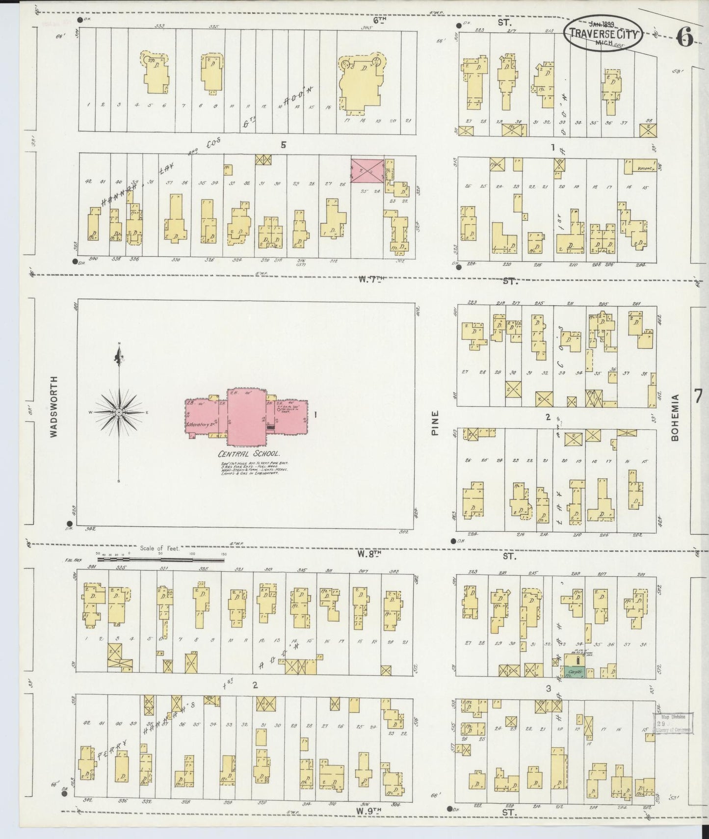 Sanborn Fire Insurance Map from Traverse City, Grand Traverse County, Michigan (1899), Sheet #0006 - Historic Sanborn Fire Insurance Map Print, vintage old map wall art, antique decor, genealogy gift, Michigan Michigan map
